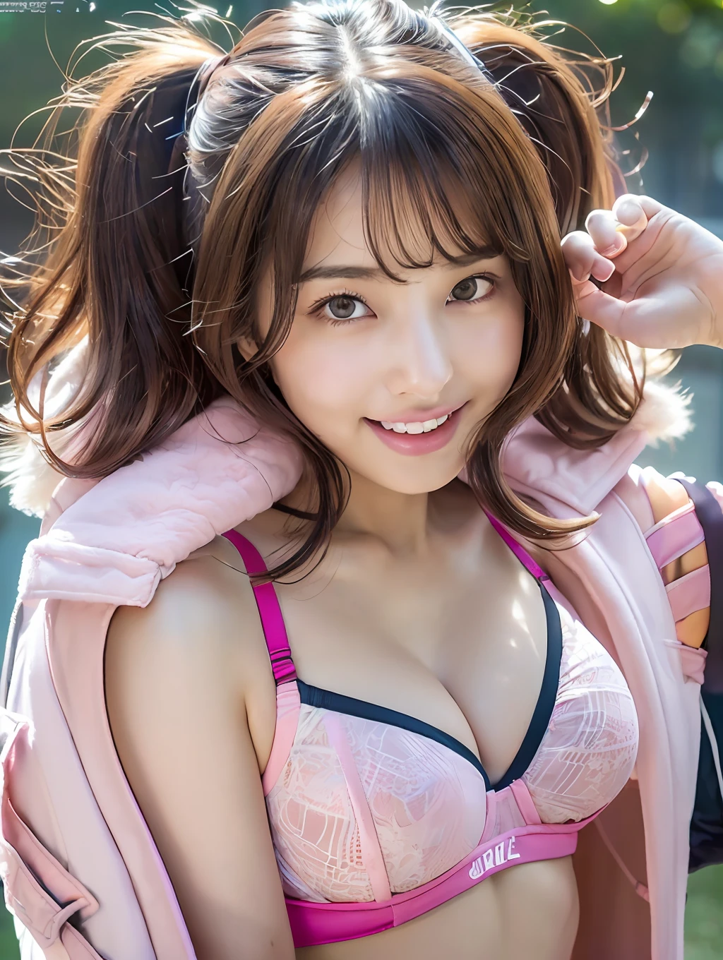 ((8k, RAW photo, highest quality, masterpiece), High detail RAW color photo professional close-up photo, (realistic, photo realism:1. 37), (highest quality), (best shadow), (best illustration), ((erotic, sexy, ultra high resolution, highly detailed CG unified 8K wallpapers, physics-based rendering, cinematic lighting), 1 school 18 years old girl , straight hair,(large breasts), (pink half-transparent sport bra:1.1), ((half coat outside:1.2)), cleavage, beautiful detailed eyes, (aegyo sal), light on face, ((full body shot)), Particularly strong light, Feminine Expressions, shy, ((Seductive posture, alluring, sexy posing:1.2)), smiling, (perfect fingers), (ulzzang-6500-v1.1:0.2)