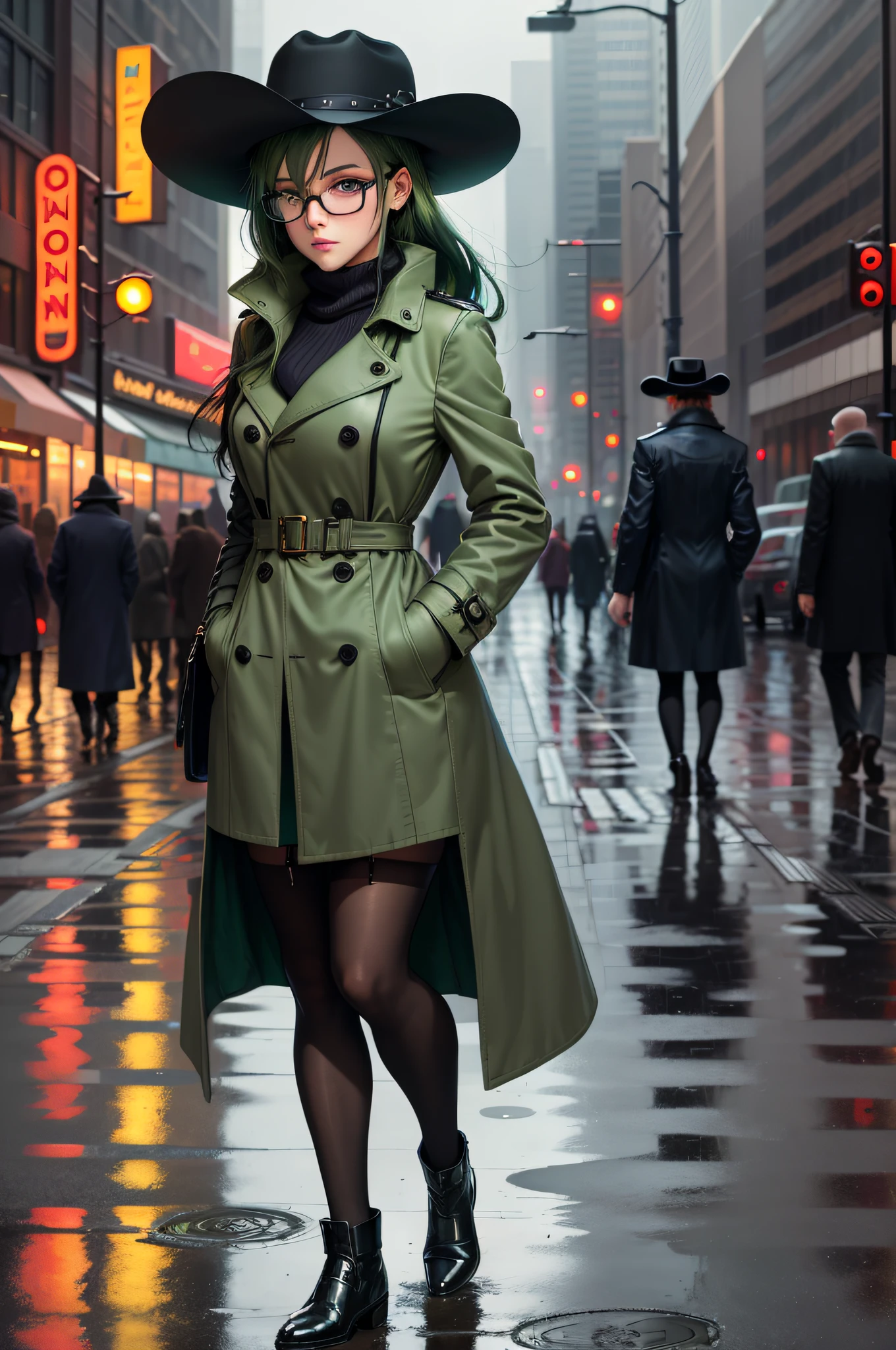 (best quality, masterpiece) 1girl, overcoat, rain, mature, puddles, city streets, dim neon signboards, fedora, night, rain droplets, long sleeve gloves, stockings, rim glasses, detailed eyes, dark hair, cowboy shot, cigarette, green hair, expressionless, 30 years old, cold, serious