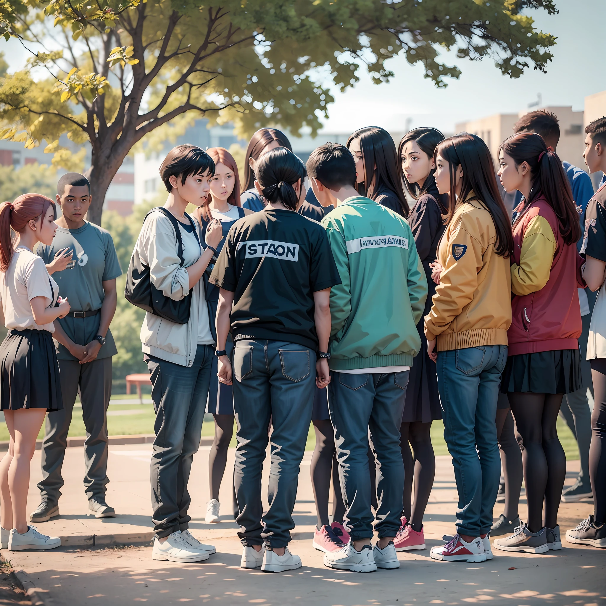 A group of people gathered around, discussing something, with puzzled expressions, the background is a school playground comic style --auto --s2