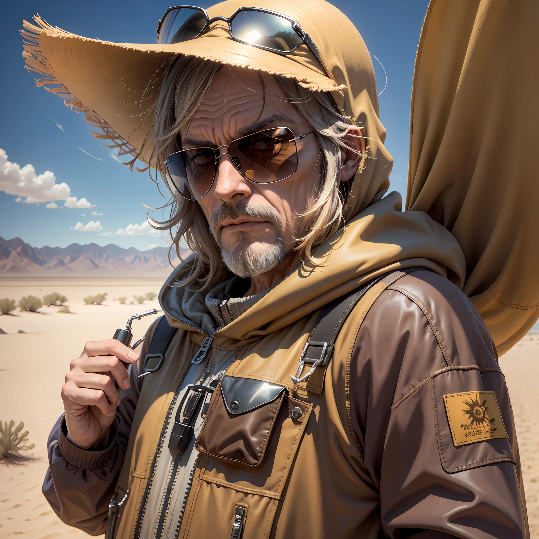 The Unabomber with sun glass, covered head walking confident in middle on a desert, detailed, realistic, 4K --auto --s2