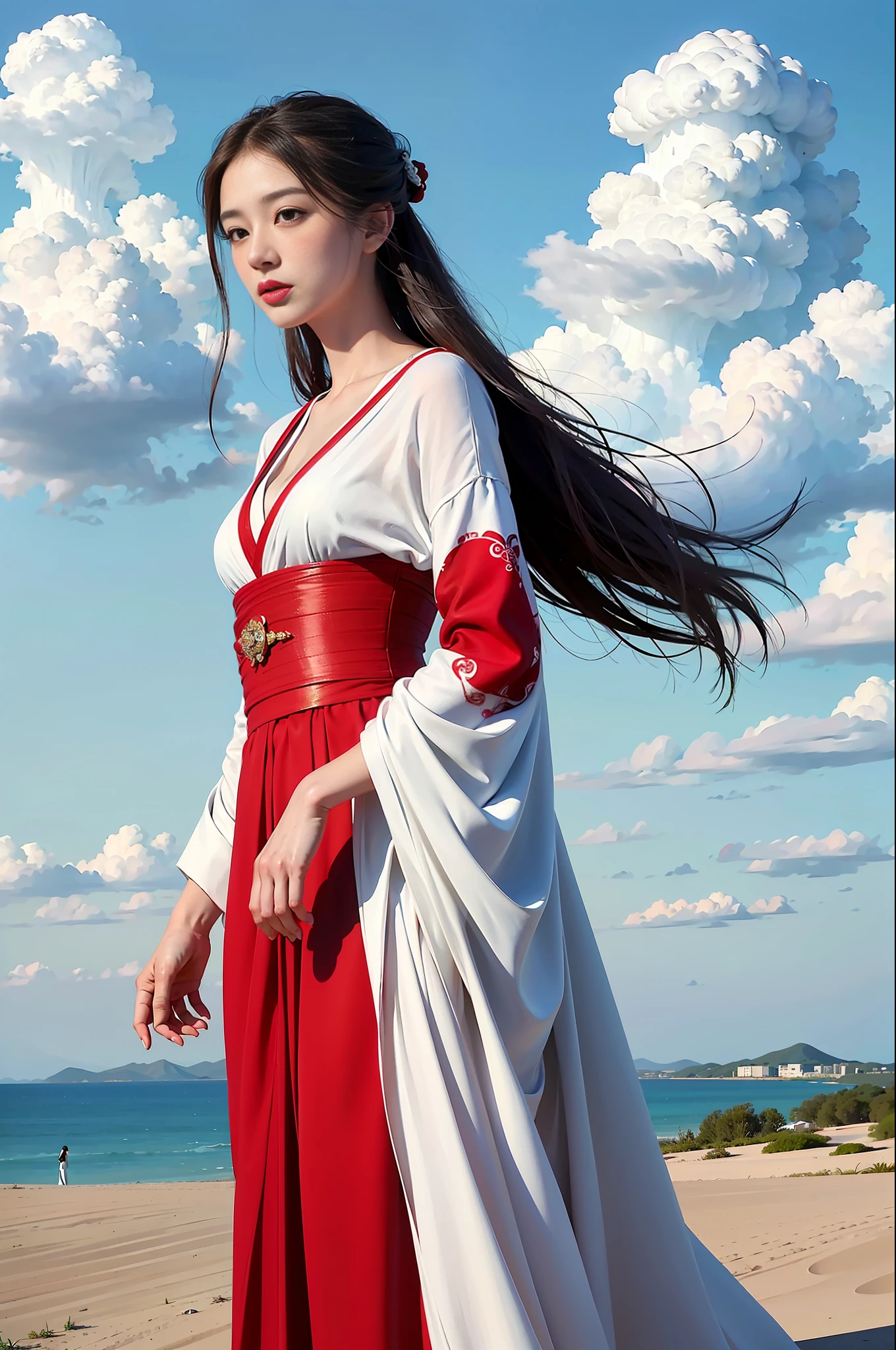 ((realistic)), (detailed), ((very wide shot)), the painting shows a woman standing behind the clouds, Wearing a long red dress, love and romance, uemura shoen, (light white and light blue:1.1), flowing draperies, (photorealistic:1.4), vanishing point, Surrealism1.4, (best quality:1.4), ((masterpiece)), textured skin, high details, anatomically correct