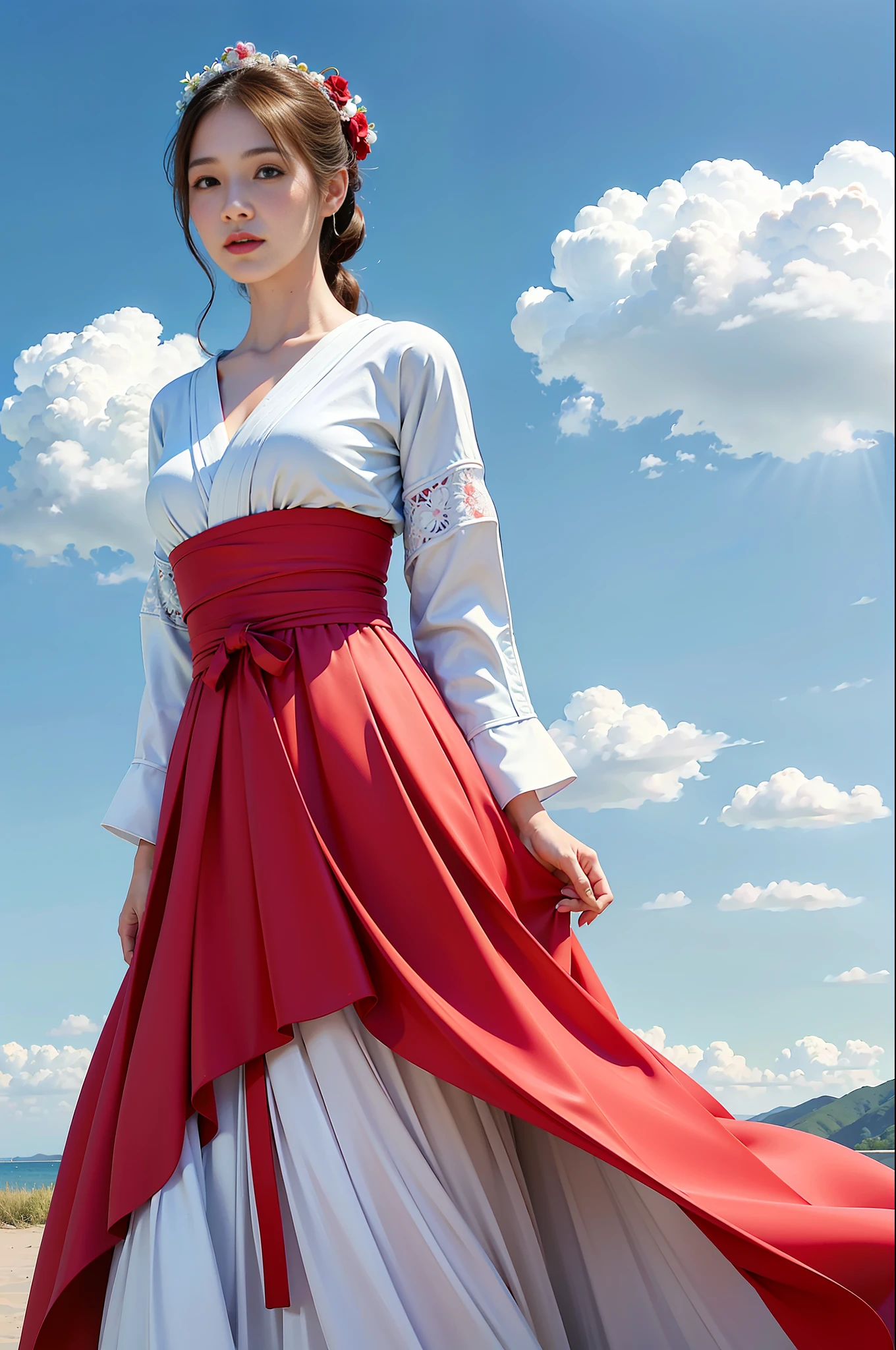 ((realistic)), (detailed), ((very wide shot)), the painting shows a woman standing behind the clouds, Wearing a long red dress, love and romance, uemura shoen, (light white and light blue:1.1), flowing draperies, (photorealistic:1.4), vanishing point, Surrealism1.4, (best quality:1.4), ((masterpiece)), textured skin, high details, anatomically correct