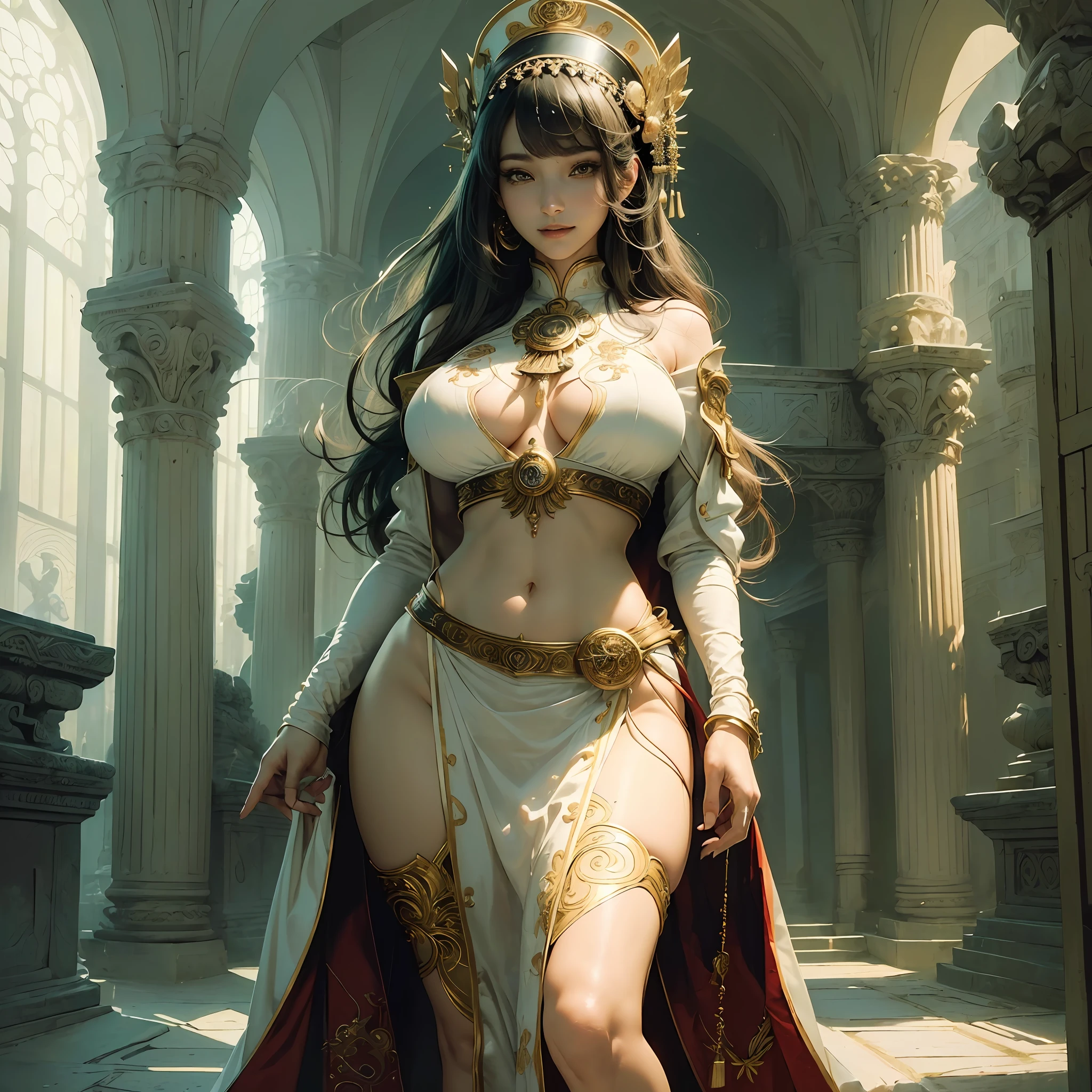 Masterpiece, top quality, ((((Realistic, Photorealistic: 1.37))), 8K, very delicate and beautiful, wonderful, official art with attention to detail, ridiculous, incredibly ridiculous, huge file size, super detailed, very detailed, (beautiful detailed girl), very detailed eyes and face, beautiful detailed eyes, light on the face, nsfw, (one girl), look at the viewer, ( Perfect female figure), slim waist, (Korean beauty), full body, big breasts, standing, abdomen, priestess,(upper body white), (lower body red), feminine look, with bangs, smile --auto --s2