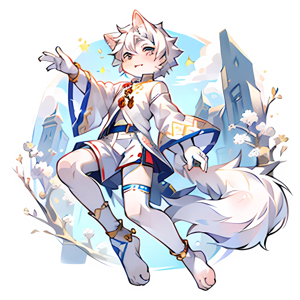 furry , white wolf boy, white wolf boy, white wolf boy, white wolf boy, little man, (long white wolf tail), little feet (with socks), flower anklet, white hair, silver eyes, , national style clothes (light color), aoeu, aoeu, aoeu, long cheongsam (outer garment), hanfu (outer garment), white clothes (inner shirt), boy, boy , boy , boy, noble clothes (light color), cute, Shota, on the way