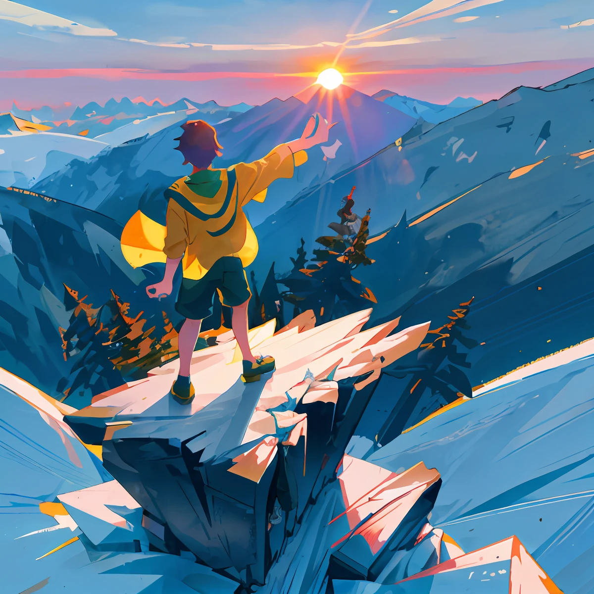 A young boy teaching math has his back to the camera, arms open, and stands on the top of a mountain overlooking the rising sun. The figure is on the left and the sun is on the right