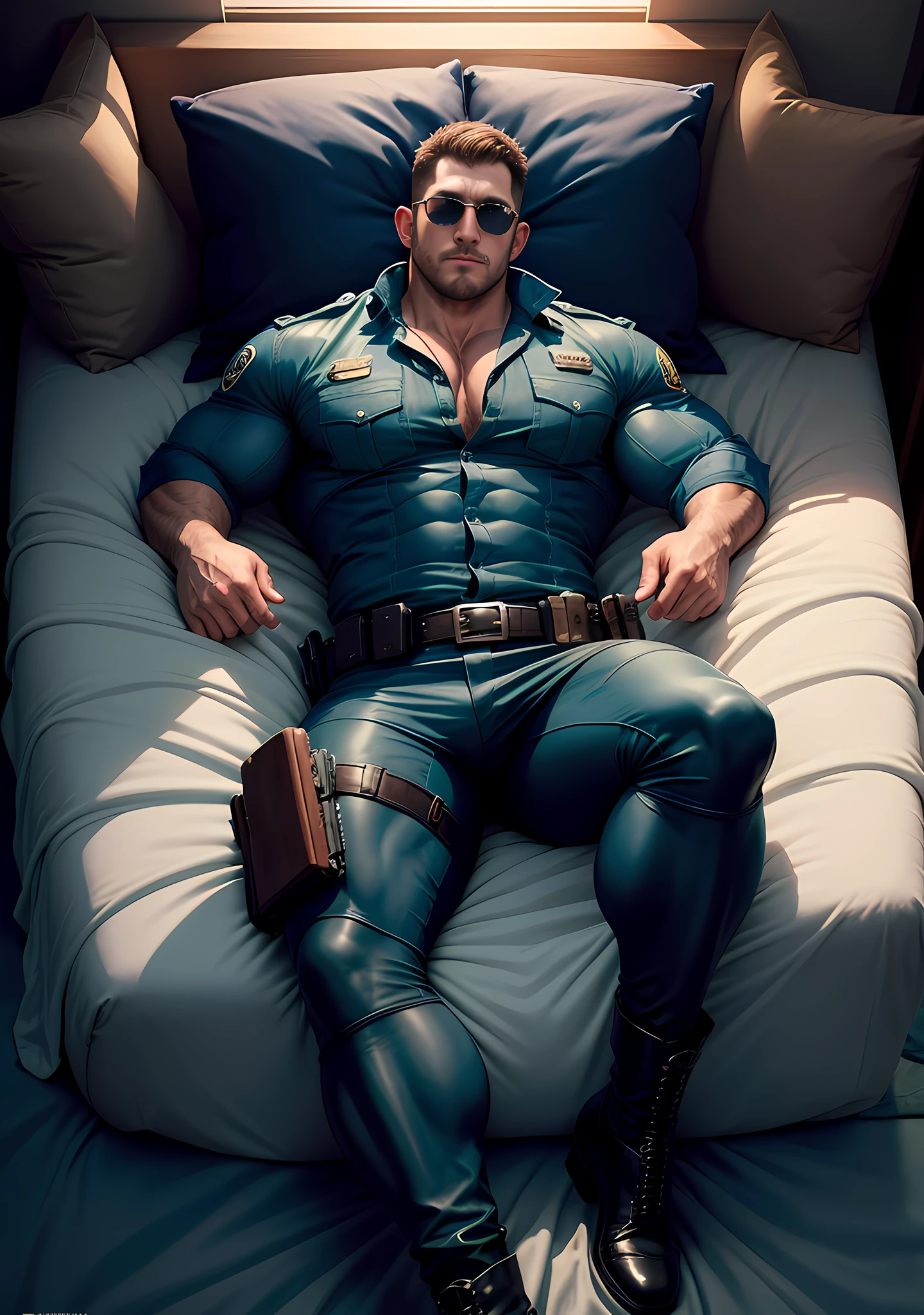 Senior police officer in indigo uniform, his arms are long and thick, wearing sunglasses, lying on a large white and soft bed with warm fluff, the background is the bosom of a muscle giant, a muscle hero, Buzz Cut, tall and burly, muscular! Tall burly, sneak suit, symmetrical floral texture design thick thermal tights, super buff and cool, high resolution committee, character design (Resident Evil - Chris Redfield), rough big feet, black military boots, attractive strong men, warm and soft lights shining on the body