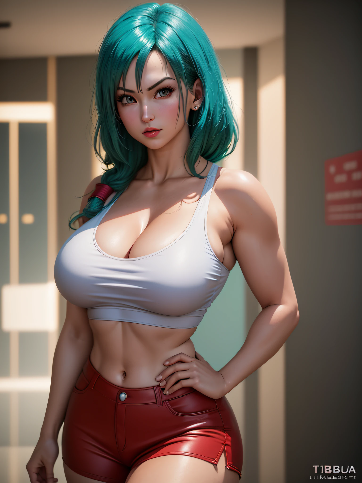 portrait closeup lone (buruma_brief_older Buruma_DBZ_Cell)1.4, (cleavage large_breasts, dressed as Tifa), standing, front view, (high detailed skin:1.2)(realistic pupils,realistic iris:1), 8k uhd, aqua_hair
