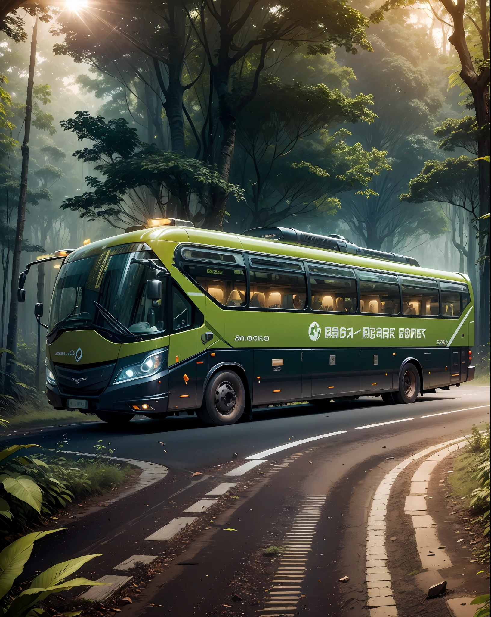 futuristic bus, background jungle forest, (roads:1.5), leaves, dirt on body, (animals:1.3), bumpy roads, sun shines through the leaves intricate details, magnificent, cinematic, high resolution, 4k,