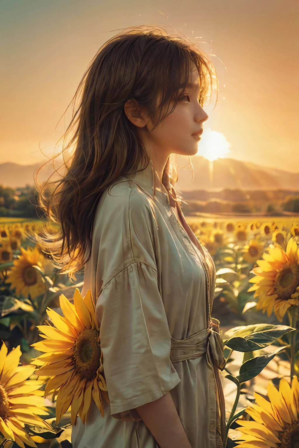 Side view, a girl in a vast sunflower plantation, wearing a green blous and a thin cardigan, looks cheerful and happy, at sunset, there is a golden sunlight penetrating from between her hair floating in the wind. (Masterpiece,realistic,best quality):1.4, delicate photo, intricate detailed, ray tracing, hi-res CG, ultra detailed, 8k wallpaper, unity, artstation, dslr, hi-res photography, best shadow, cinematic light