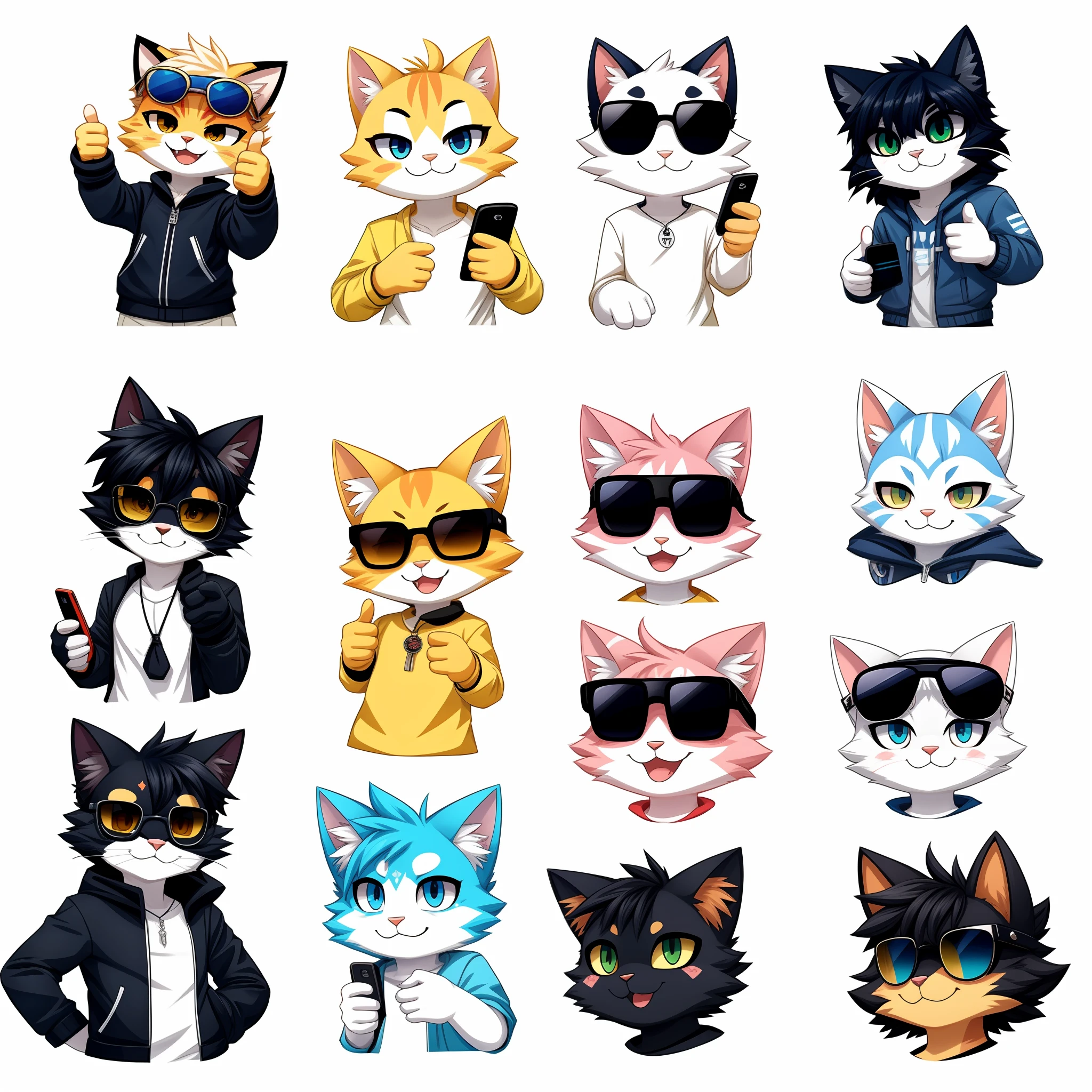 (THUMB UP), thumb up, there is a cat with sunglasses on and a cell phone, telegram sticker, telegram sticker design, looking heckin cool and stylish, with sunglasses, kawaii cat, with a cool pose, thicc, sun glasses, liquid cat, !!! cat!!!, meow, cool face, cat design, neko, anime cat, chonker cat, avatar image, smol, cool pose