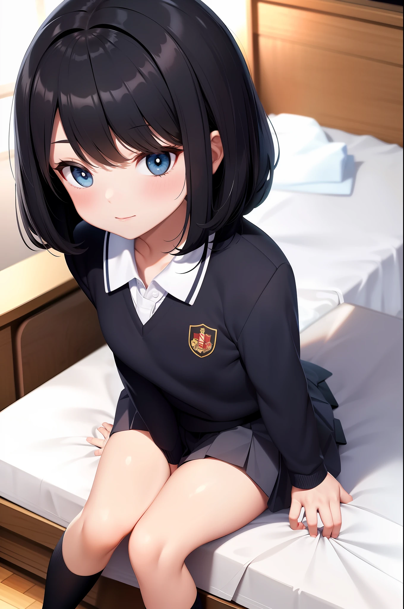 best quality, masterpiece, school uniform, school attire, bedroom, sitting on bed, cute, double tail, black hair, blue eyes,
