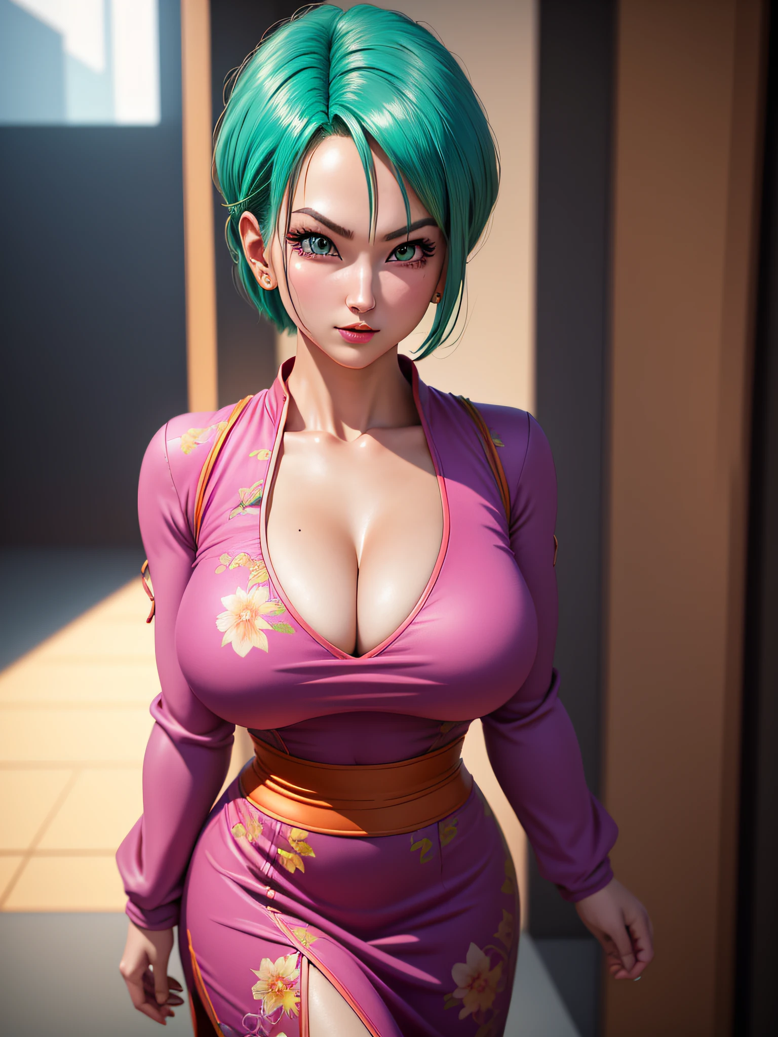 portrait closeup lone (buruma_brief_older Buruma_DBZ_Cell)1.4, (cleavage large_breasts, short chinese_dress), standing, front view, (high detailed skin:1.2)(realistic pupils,realistic iris:1), 8k uhd, aqua_hair