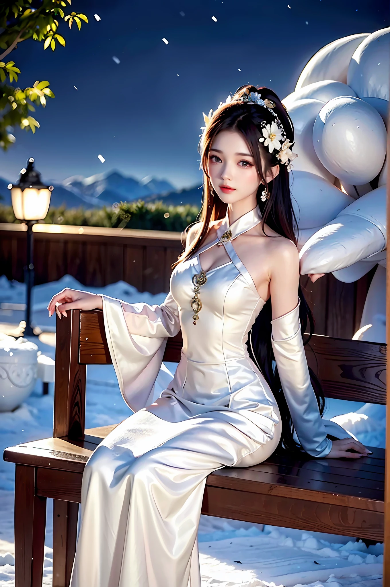 A beautiful and charming woman, leaning alone on a bench, under the light of the fire, her complexion is crystal clear like jade, like a crescent moon, like flowers and trees piled up with snow. When it is tactful, it is glamorous.