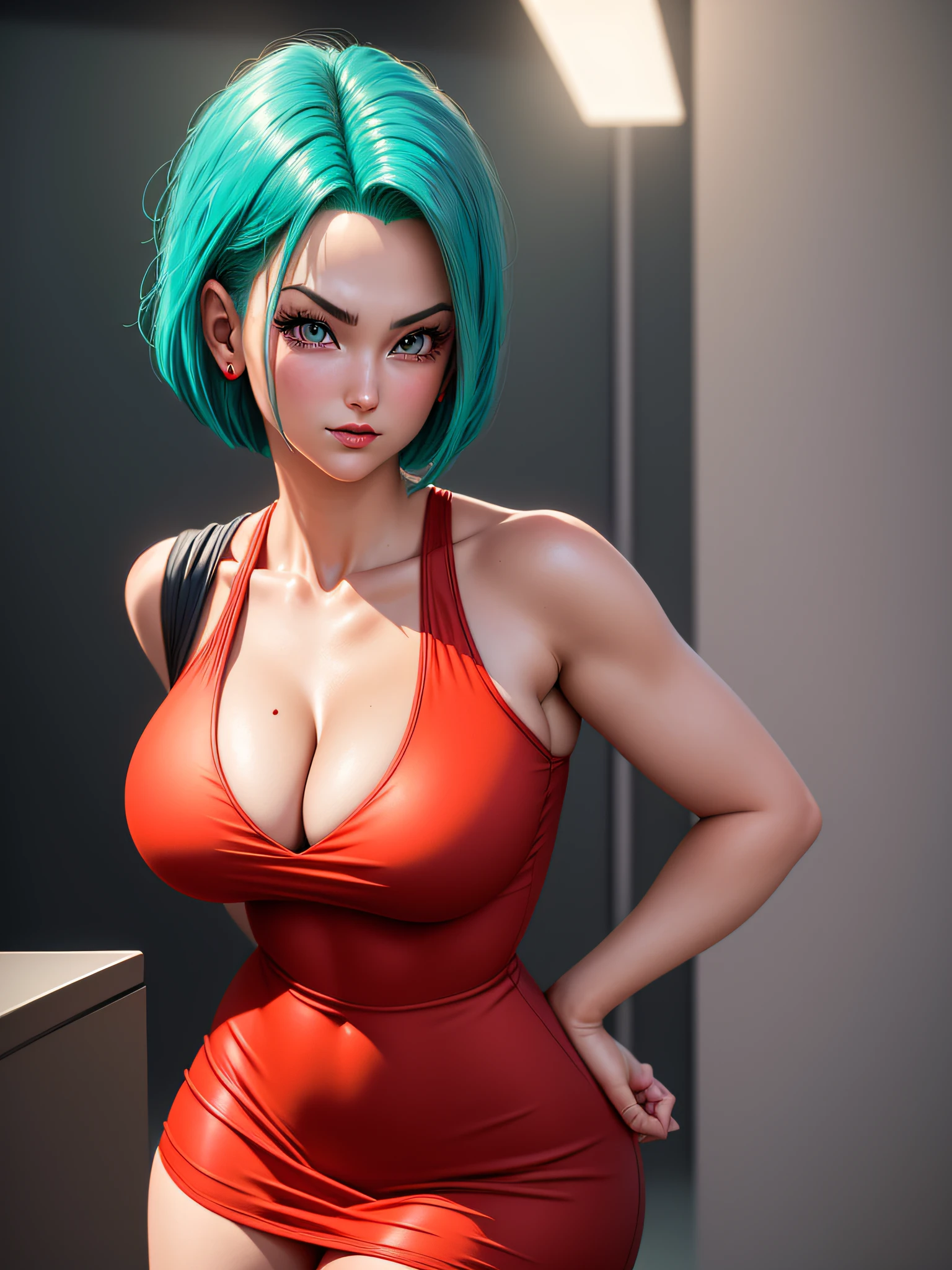 portrait closeup lone (buruma_brief_older Buruma_DBZ_Cell)1.4, (cleavage large_breasts, red short-dress), standing, front view, (high detailed skin:1.2)(realistic pupils,realistic iris:1), 8k uhd, aqua_hair