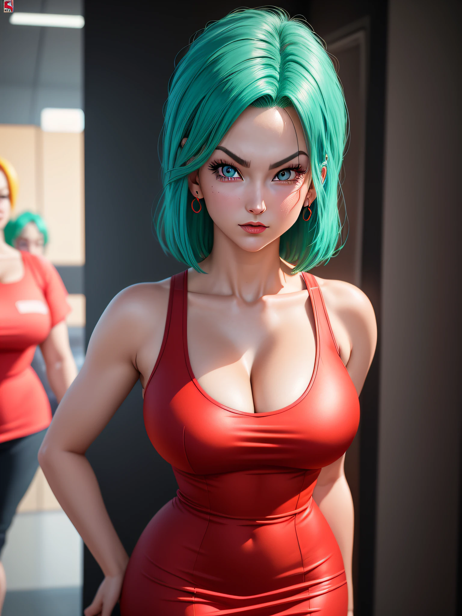 portrait closeup lone (buruma_brief_older Buruma_DBZ_Cell)1.4, ( large_breasts,ort-dress), standing, front view, (high detailed skin:1.2)(realistic pupils,realistic iris:1), 8k uhd, aqua_hair