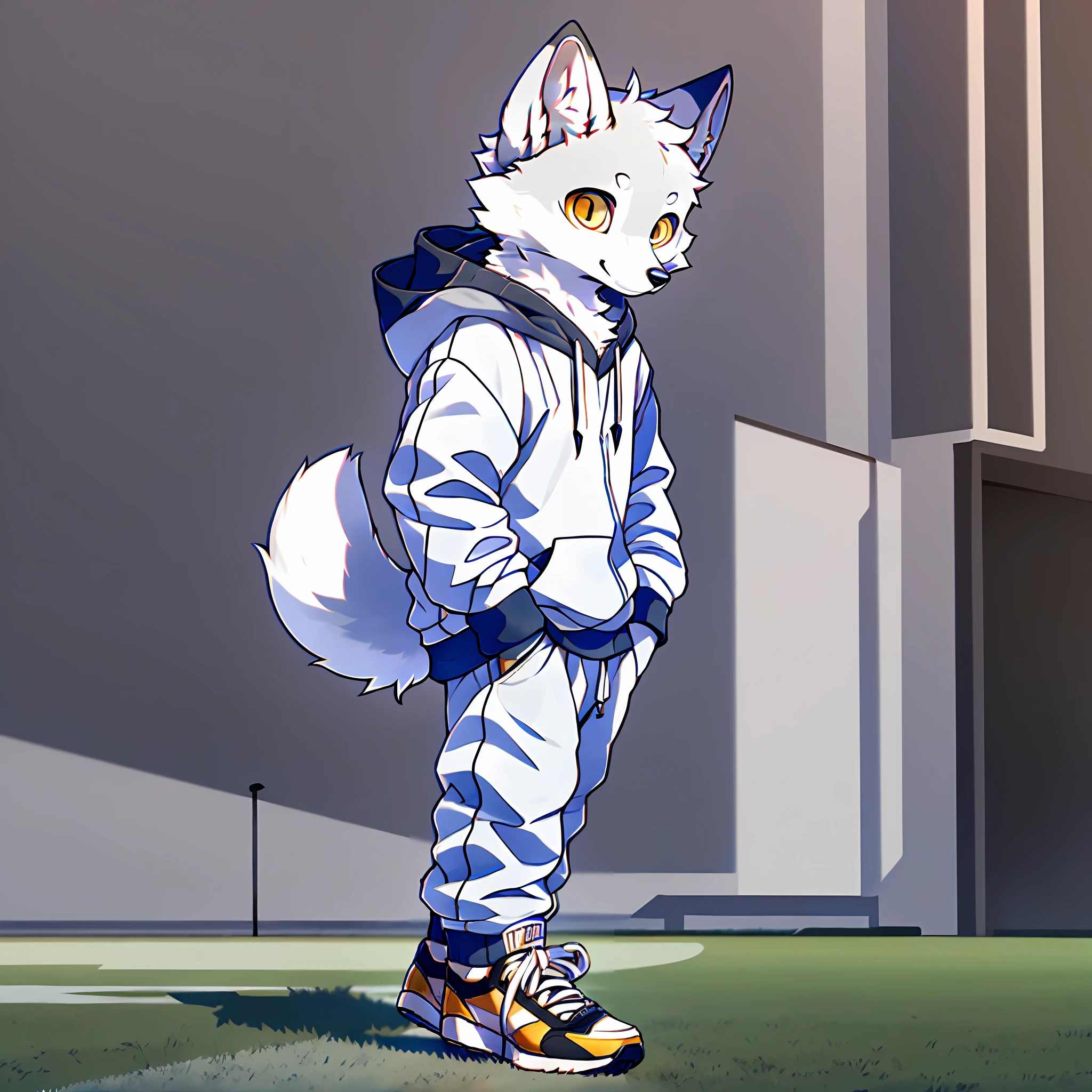 high detail, hyper quality, high resolution, 1080P, solo, furry, (male arctic fox: 1.5), (gray fur: 1.3), gray skin, gray ears, golden eyes, sharp claws, (fluffy tail: 1.2), wearing a sweatshirt. Long pants, sneakers, standing on the sports field