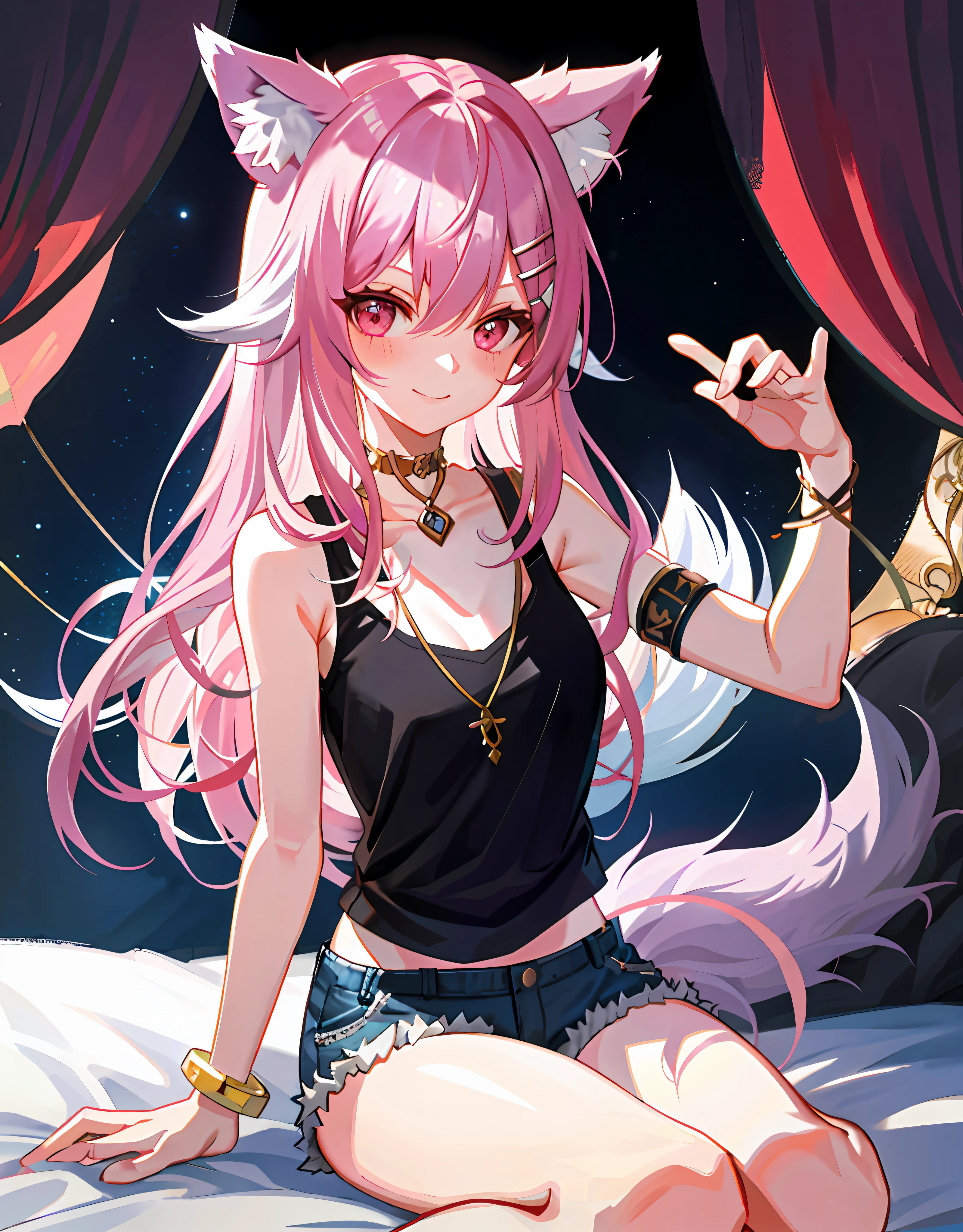 Close-up, upper body, one girl, smile, wolf ears, wolf tail, pink eyes, hair between the eyes, split color hair: 5, striped hair, long hair, hair ends jewelry, (tank top and hot pants: 15), jewels, AI super luxurious bedroom and cute interior: 5, (on bed: 15) sitting, laughing at the viewer embarrassedly, blushing, night scene,