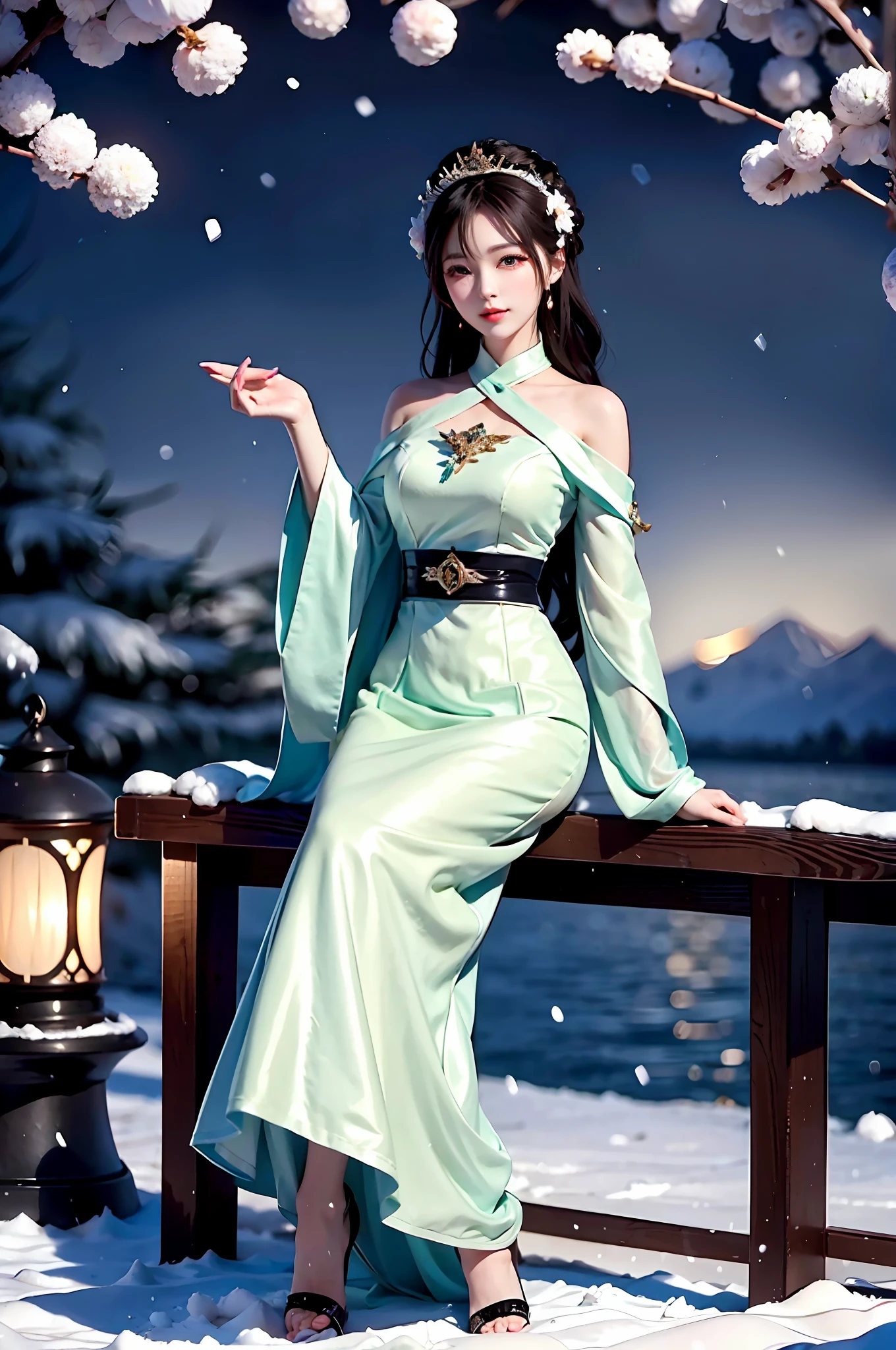 A beautiful and charming woman, leaning alone on a bench, under the light of the fire, her complexion is crystal clear like jade, like a crescent moon, like flowers and trees piled up with snow. When it is tactful, it is glamorous.