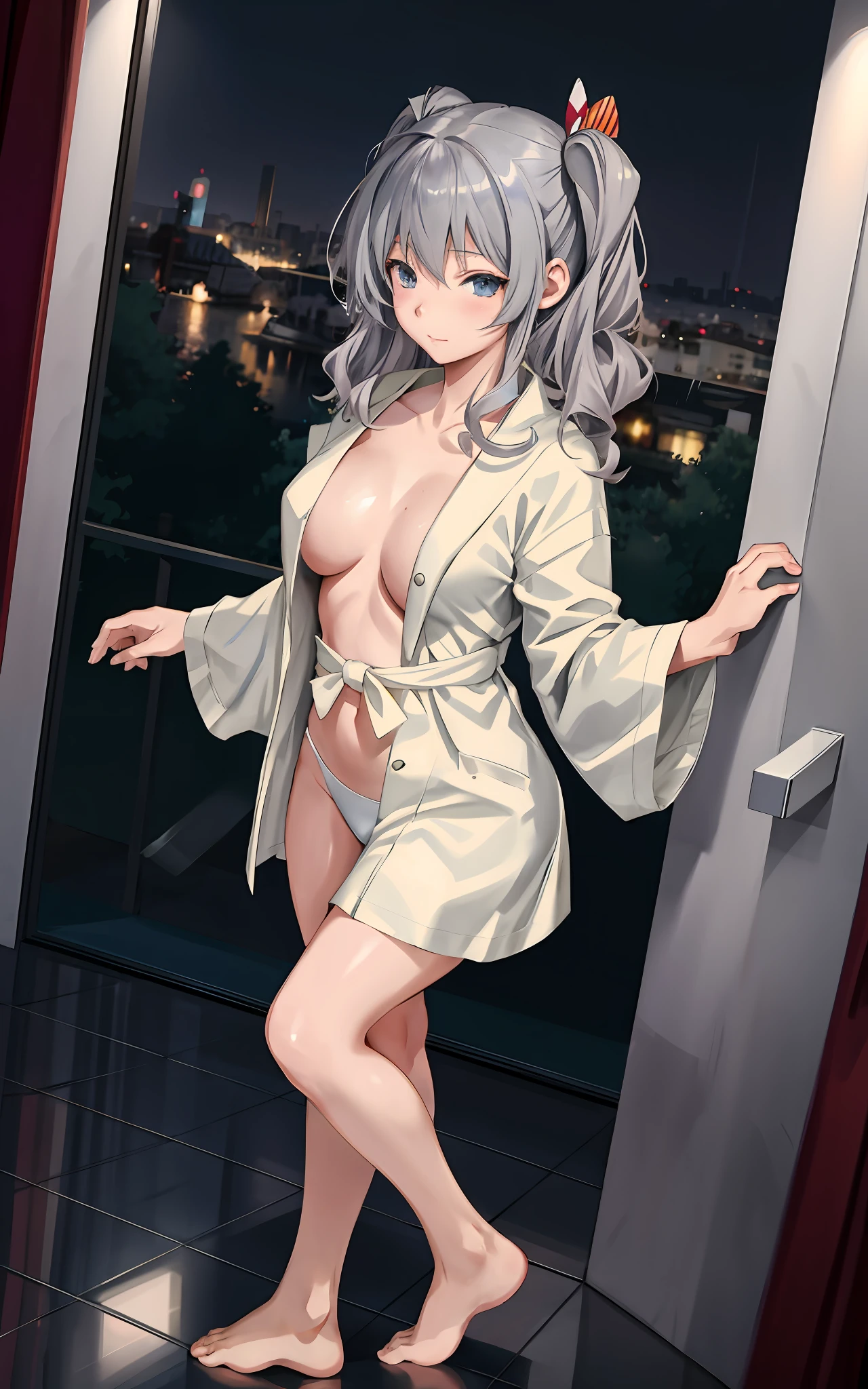 ((Anime girl with big posing in hotel bathroom)), (((Night view))), ((Twin Tails)), (((Wearing a bathrobe with a wide open chest)))), ((Hands attached to the chest of the bathrobe))), ((Barefoot)), ((No bra)), (Sheer bathrobe)), Seductive anime girl, best anime 4K wallpapers, Perfect gray haired girl, attractive anime girls, 4k anime wallpapers, 4k manga wallpapers,, detailed digital anime art, anime best girls, beautiful anime girls, detailed anime artwork, beautiful charming anime women