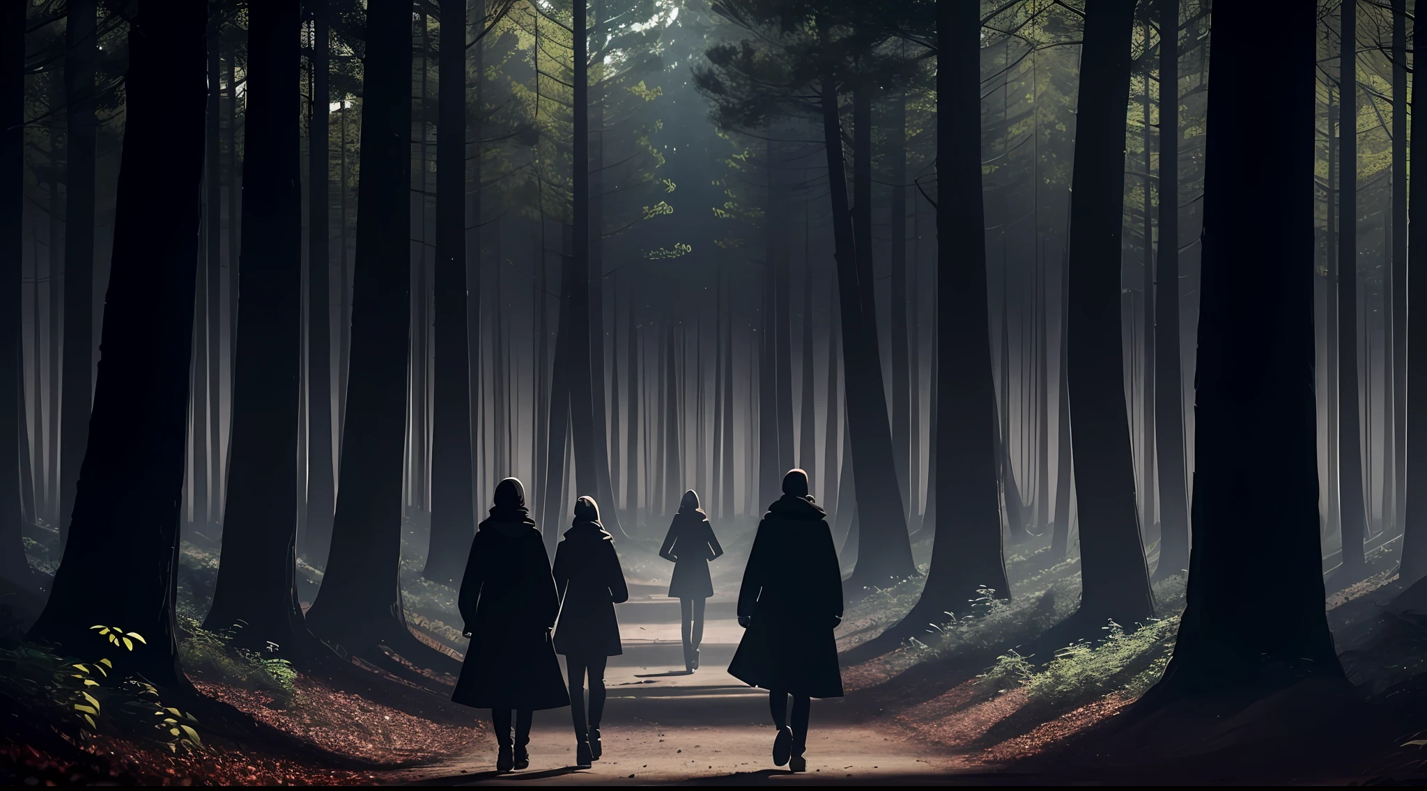 dark and closed forest with six people walking in it, suspense, terror, 6 people walking in a dark forest, cartoon --auto --s2