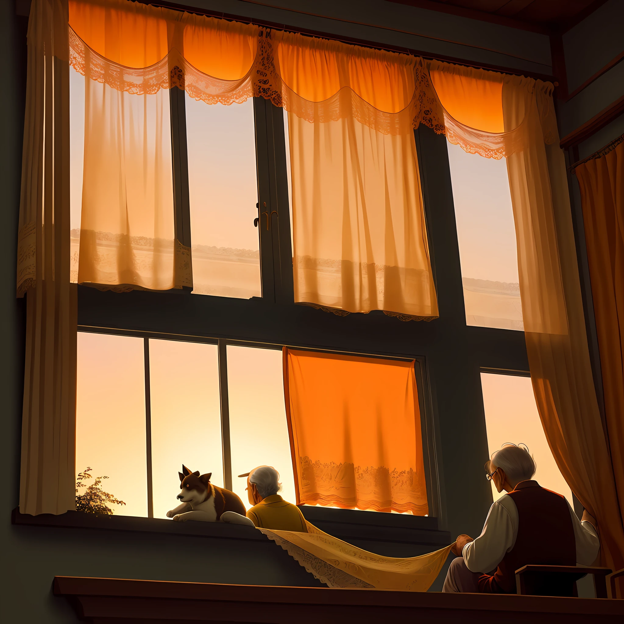 The dawn coloring the sky in shades of orange and gold. The view is from a balcony of an old house, modest but cozy. The lace curtains dance softly in the breeze. In the foreground, an elderly man (Manuel) watches the sunrise. He is accompanied by a wise old dog (Benedict) who rests peacefully at his feet.