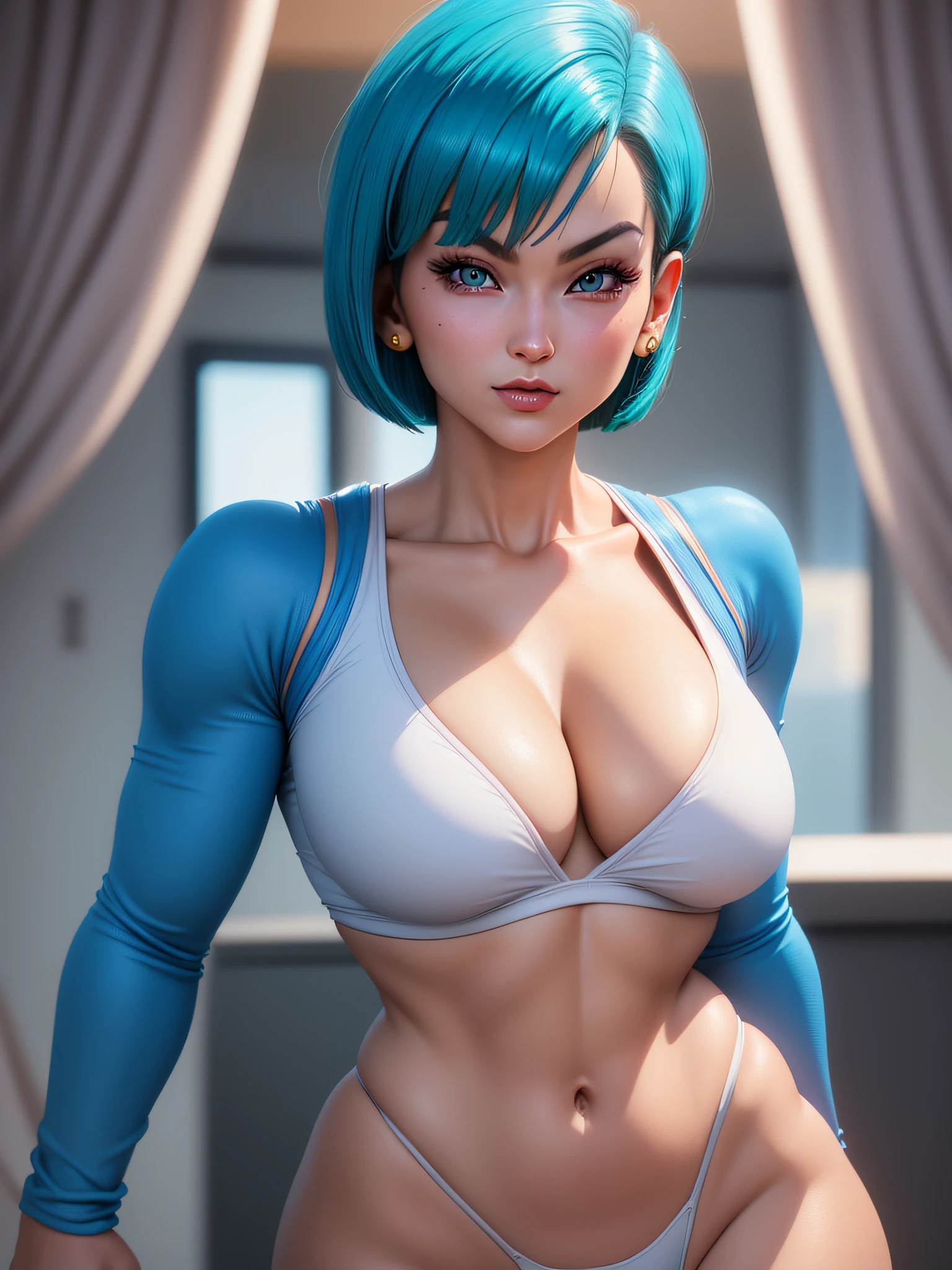 portrait closeup lone (buruma_brief_older Buruma_DBZ_Buu)1.4, (cleavage large_breasts, stylish bob haircut)1.2 (dressed as Chun-Li), standing, front view, (high detailed skin:1.2)(realistic pupils,realistic iris:1), 8k, aqua_hair