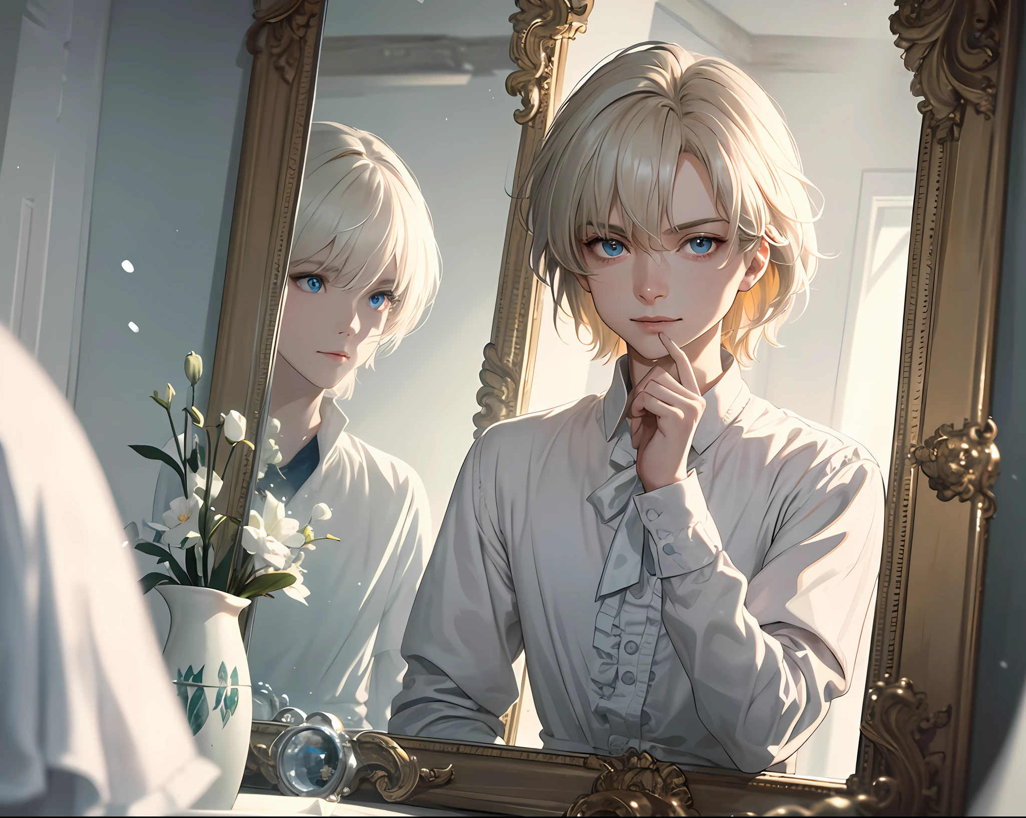 (Best Quality, Masterpiece), (Extremely Detailed CG Unity 8k Wallpaper, Masterpiece, Best Quality, Ultra Detailed), (British, Elegant) (High Cold Boy, High Angle, In front of the Mirror), (Blue Eyes, White Blonde Hair: 1.2), Delicate Facial Features, Pure Smile, (Floating Hair, Dynamic Pose), (Soft Light, Shallow Depth of Field), (American Style, Fantastic Atmosphere) Hesitant Medium Wide Angle Lens [Pig: Mick Jagger:5], Snow, Shallow Depth of Field, Movie Stills, Rustic core, circular polarizer