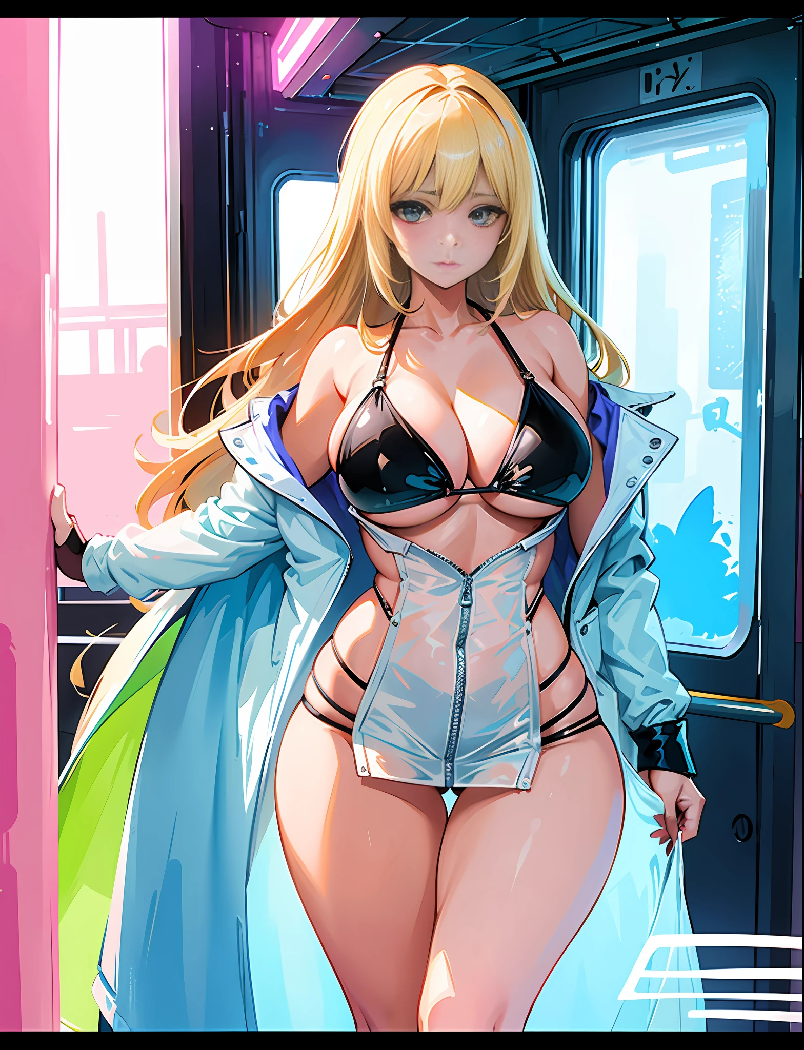 close up erotica most beautiful lovely woman,big,bikini,close up,stylish,fashion,trending artstation, sexy, rockstar cool, Chiffon transparent jacket, in train, curves ,neon lights,platinum blonde, soft colors, cool cool cool cool cool, watercolor