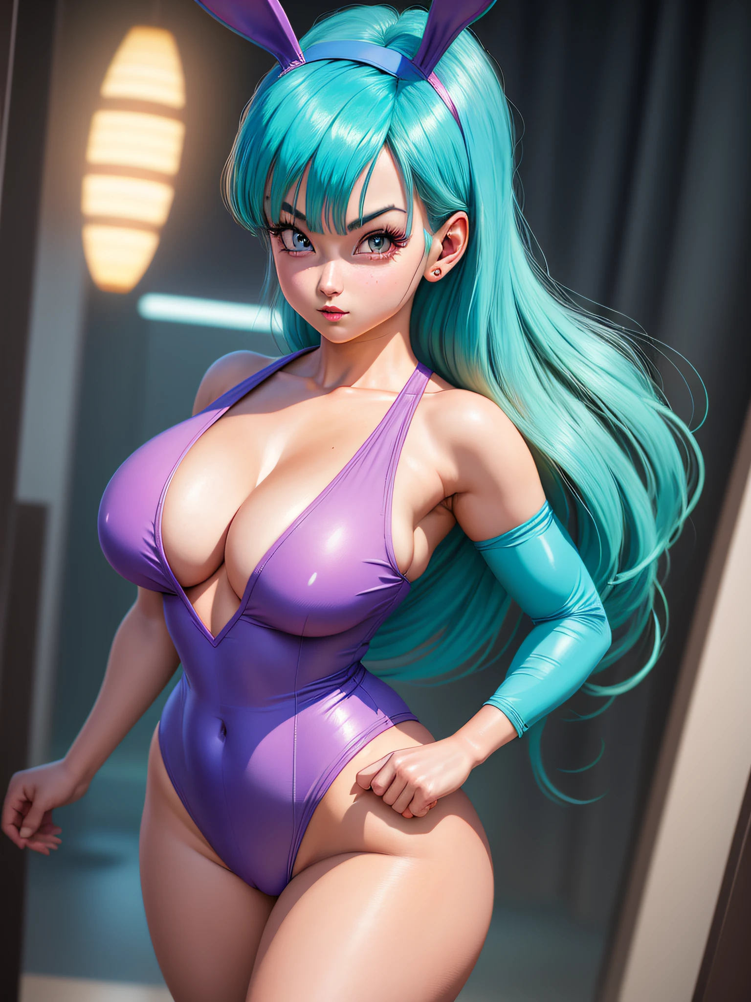 portrait closeup lone (buruma_brief_older Buruma_DBZ_Buu)1.4, (cleavage large_breasts, dressed as bunnygirl), standing, front view, (high detailed skin:1.2)(realistic pupils,realistic iris:1), 8k, aqua_hair