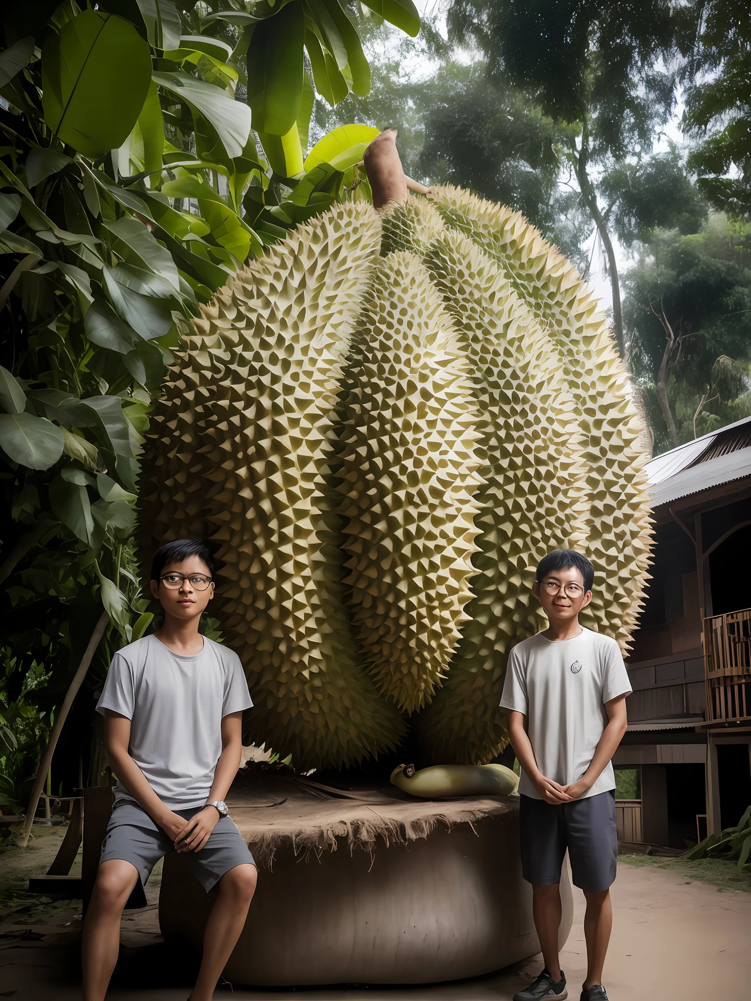there are two men standing next to a large durian fruit, an alien fruit, giant bananas natural disaster, big pods, award-winning masterpiece, huge spines, malaysian, round, indonesia national geographic, an ancient, giant flower head, very interesting, very large bosum, portrait shot, full protrait, large portrait, image credit nat geo, portrait