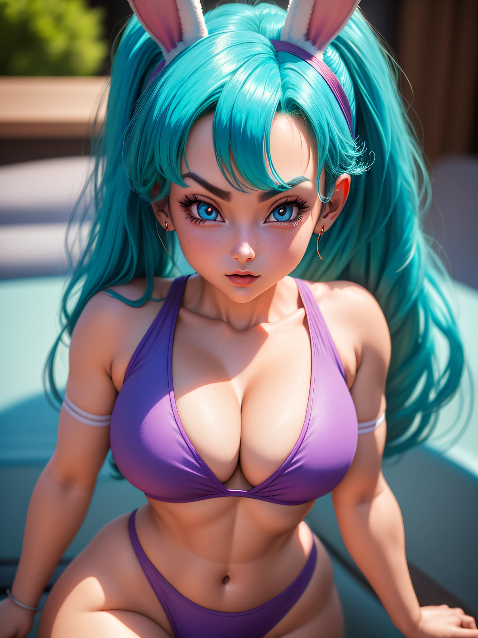 portrait closeup lone (buruma_brief_older Buruma_DBZ_Buu)1.4, (cleavage large_breasts, dressed as bunnygirl), standing, front view, (high detailed skin:1.2)(realistic pupils,realistic iris:1), 8k, aqua_hair