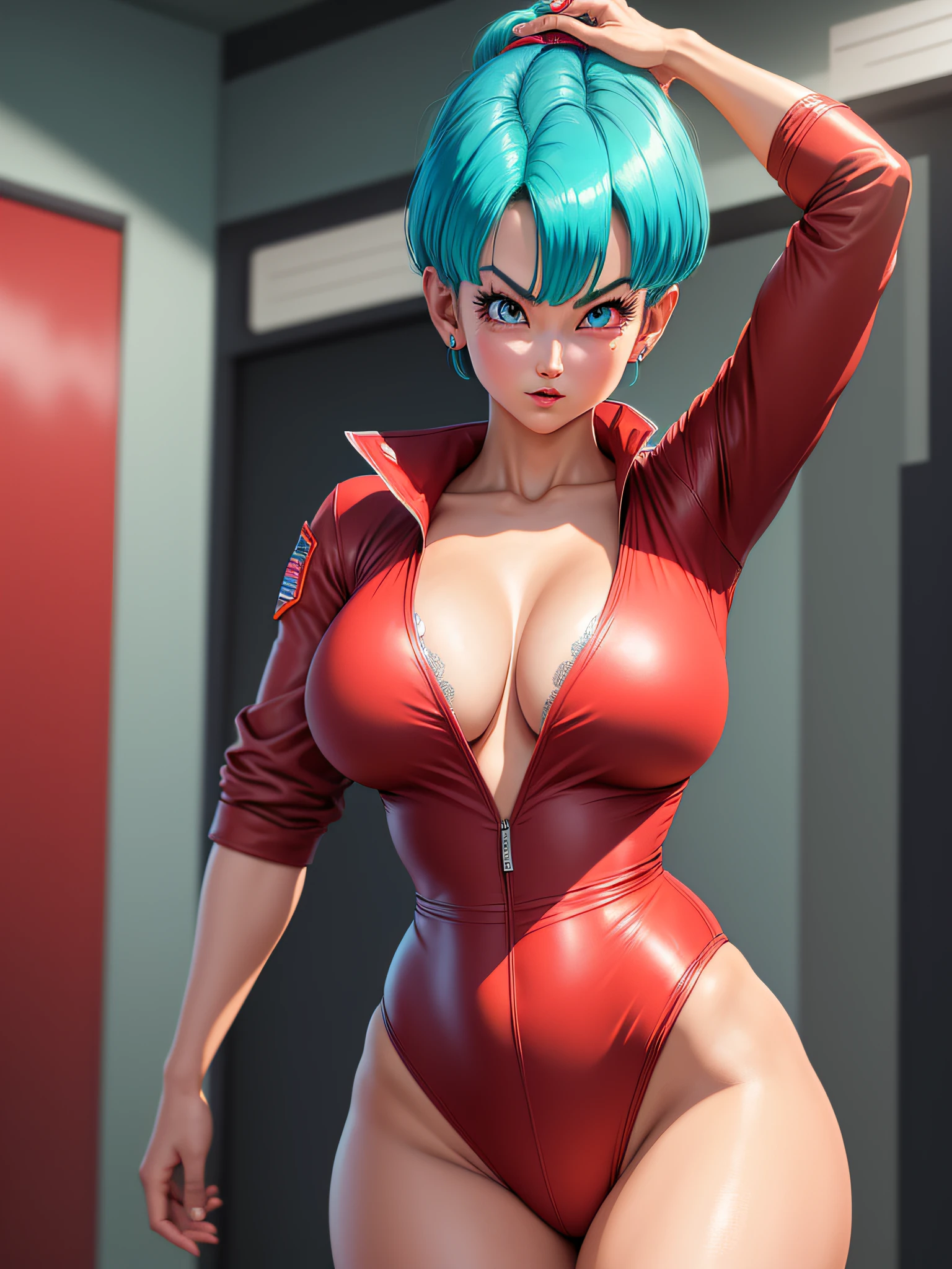 portrait closeup lone (buruma_brief_older Buruma_DBZ_Buu)1.4, (cleavage large_breasts, dressed as RedRibbon Army), standing, front view, (high detailed skin:1.2)(realistic pupils,realistic iris:1), 8k, aqua_hair