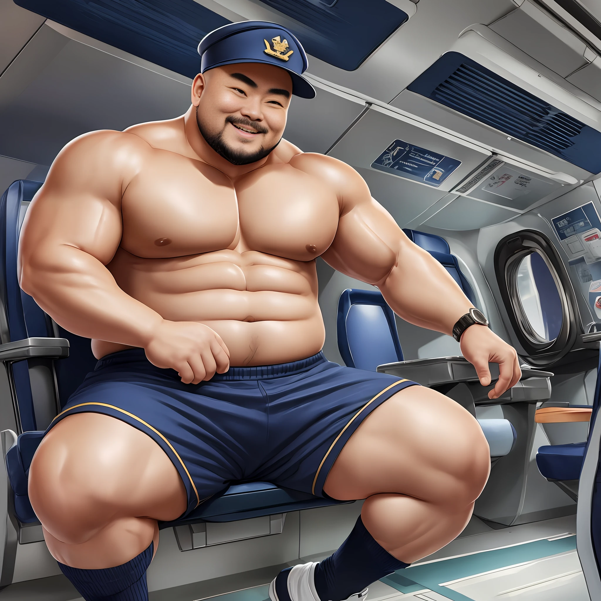 Chinese man, wearing navy cap, big brother, inch head, bald head, muscular masterpiece, air brother, fat and strong, uniform temptation, shorts, smile, uncle, thick legs, fat buttocks, leg hair, socks, inch head, on the plane seat, robust, man, --auto --s2