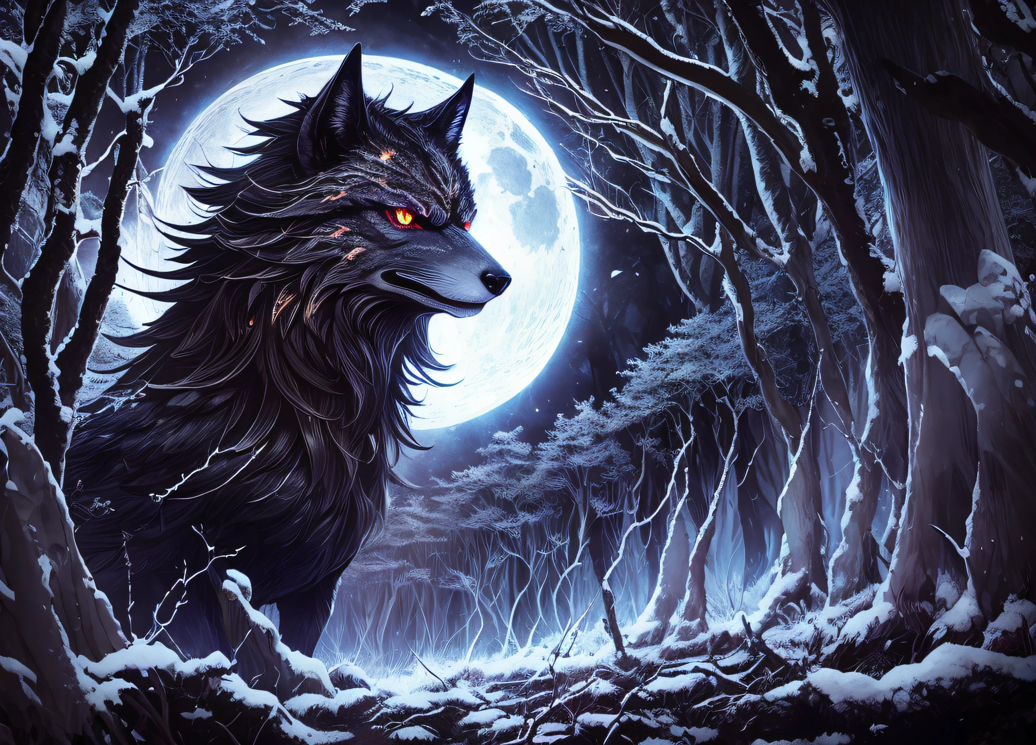 Winged wolf, fierce expression, (glowing eyes), (midnight forest scene), Howling at the moon. (Fantasy creature), (majestic), (mysterious). (Dark and light contrast), (detailed fur texture).