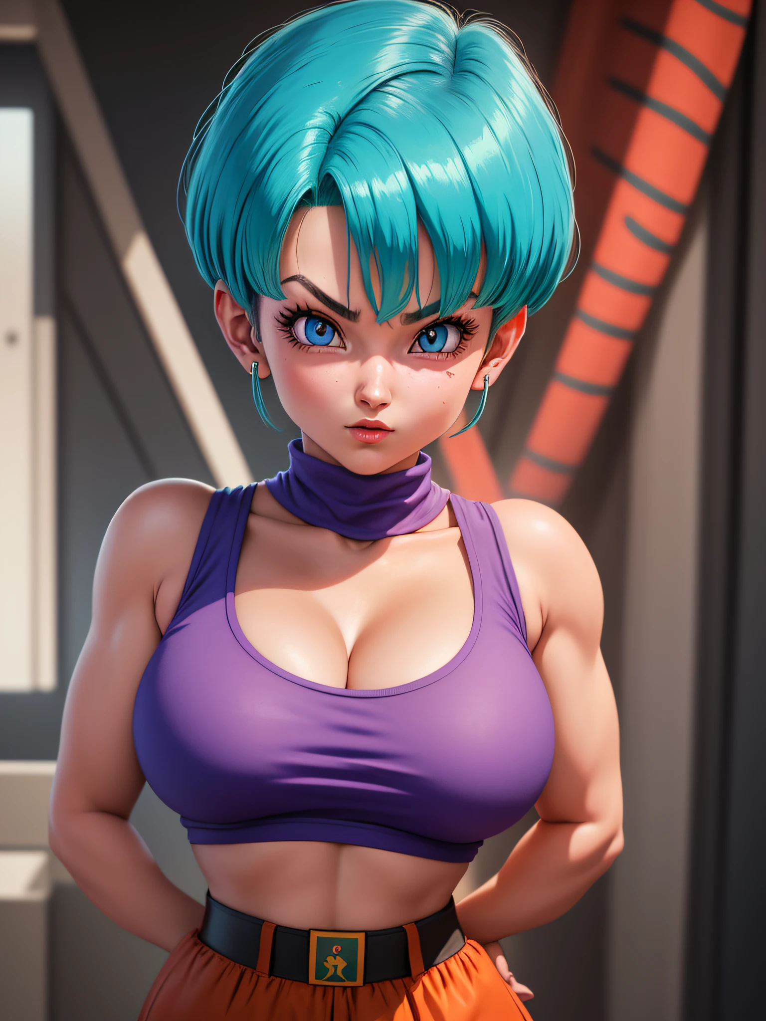 portrait closeup lone (buruma_brief_older Buruma_DBZ_Buu)1.4, (cleavage large_breasts, dressed as RR army member), standing, front view, (high detailed skin:1.2)(realistic pupils,realistic iris:1), 8k, aqua_hair