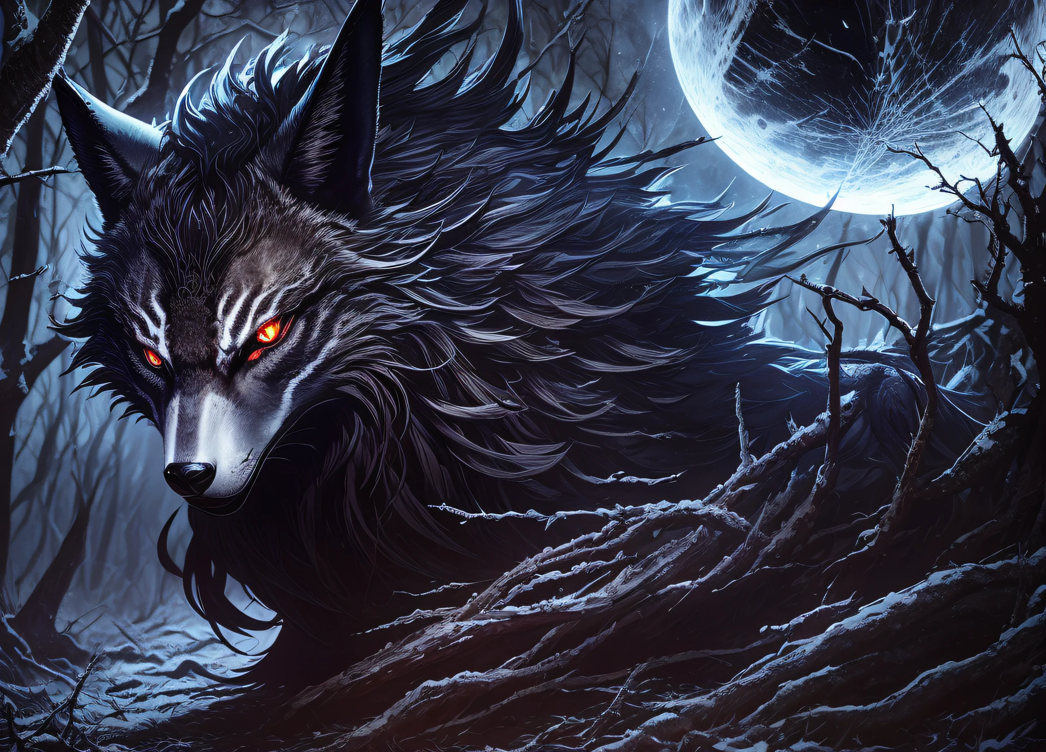 Winged wolf, fierce expression, (glowing eyes), (midnight forest scene), Howling at the moon. (Fantasy creature), (majestic), (mysterious). (Dark and light contrast), (detailed fur texture).