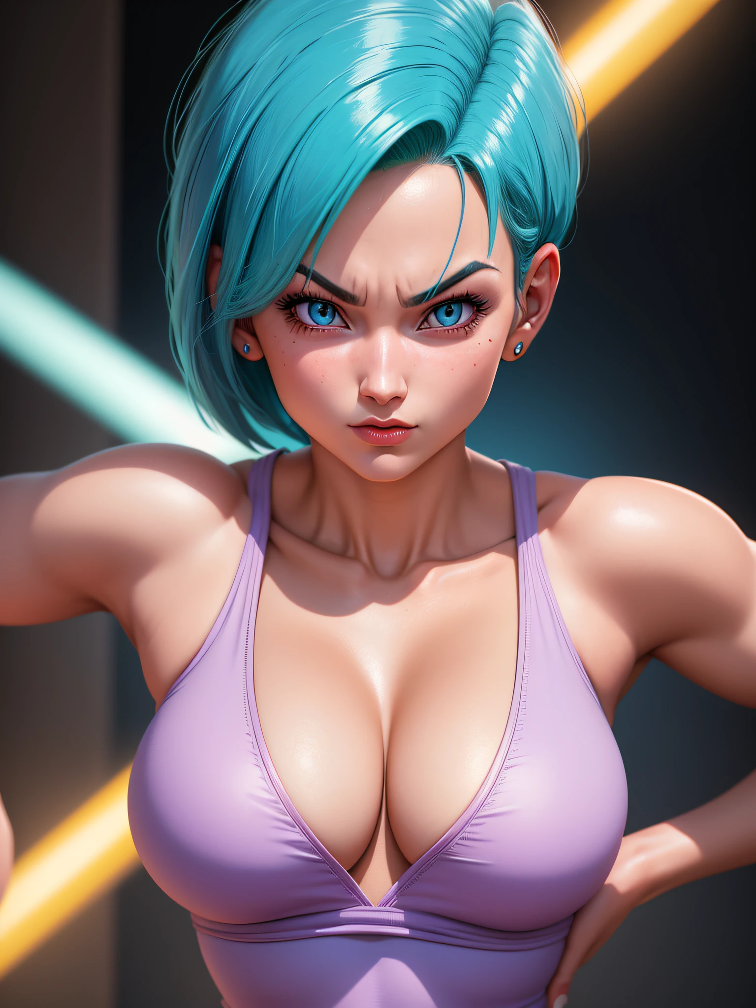 portrait closeup lone (buruma_brief_older Buruma_DBZ_Buu)1.4, (cleavage large_breasts, dressed as Android 18), standing, front view, (high detailed skin:1.2)(realistic pupils,realistic iris:1), 8k, aqua_hair