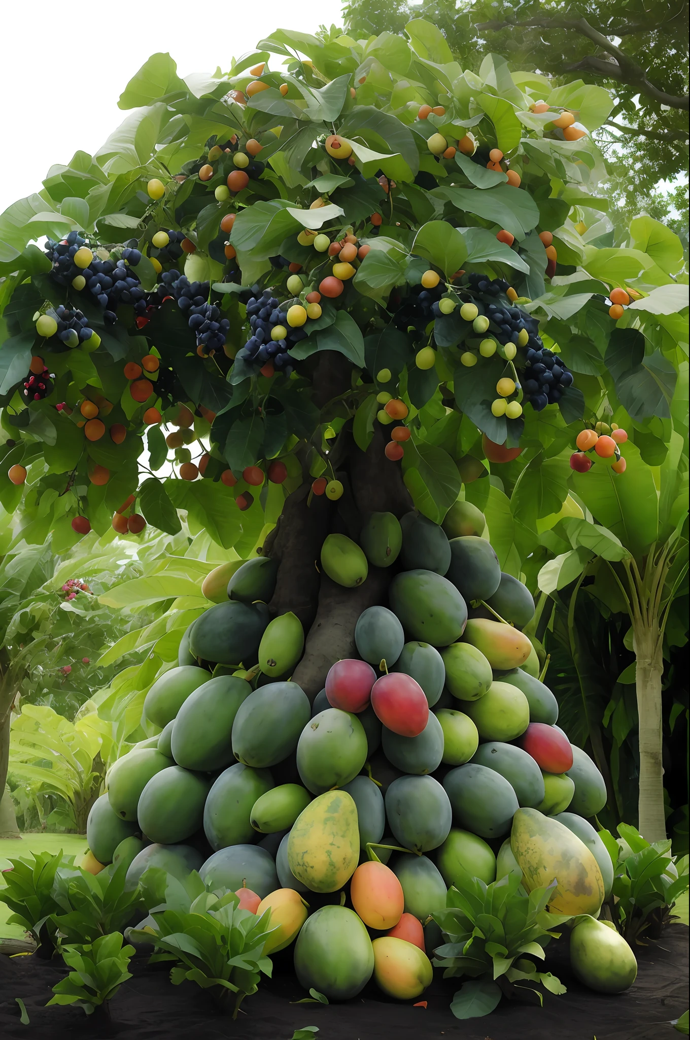 there is a large pile of fruit that is on the ground, fruit trees, with fruit trees, garden with fruits on trees, stunning image, tropical fruit, beautiful image, rich tree, fruits, manicured garden of eden, stunning visual, mango, a beautiful tree, exotic trees, all growing inside an enormous, masterpiece work of art, breathtaking look, jungle fruit