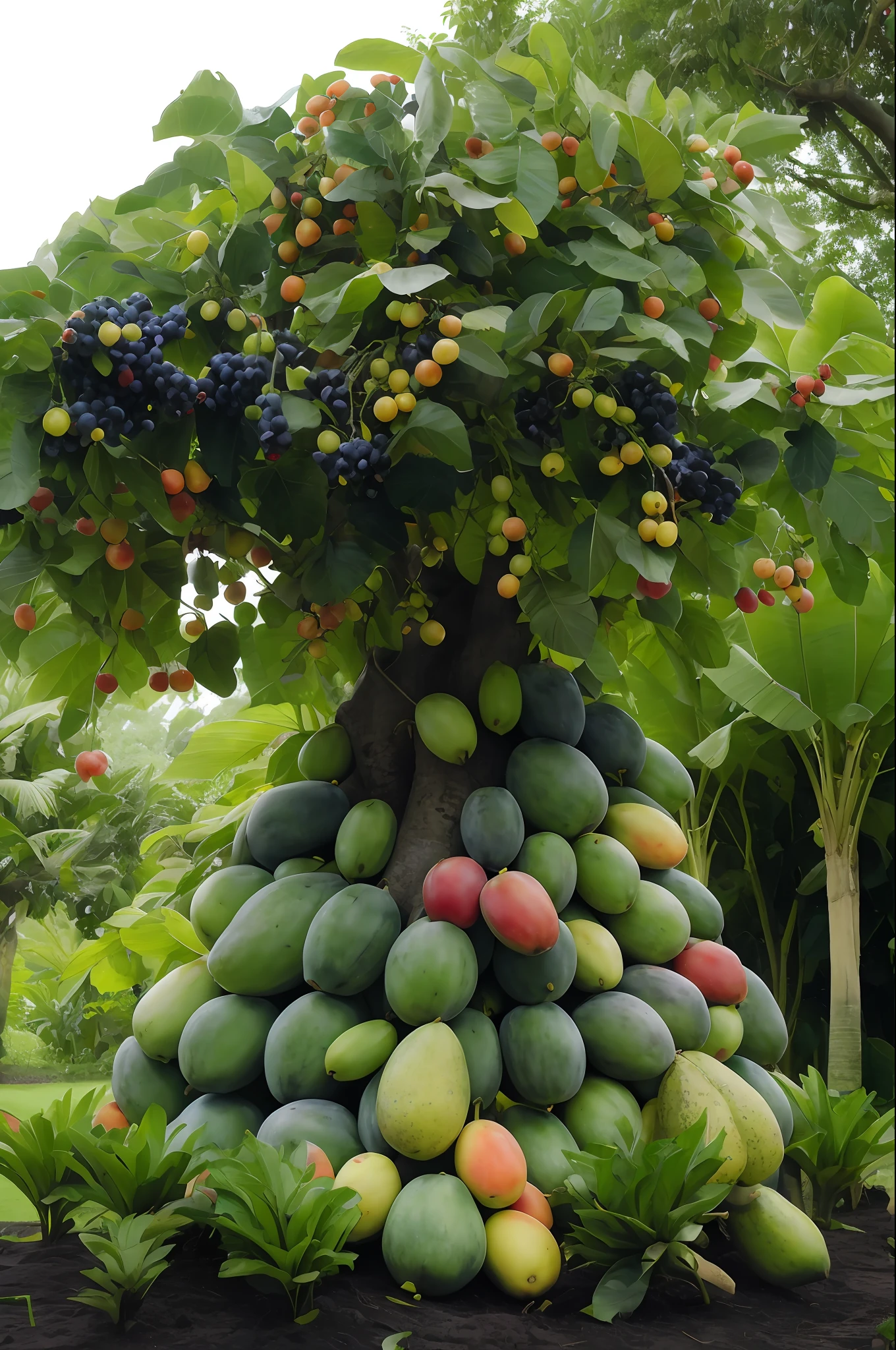 there is a large pile of fruit that is on the ground, fruit trees, with fruit trees, garden with fruits on trees, stunning image, tropical fruit, beautiful image, rich tree, fruits, manicured garden of eden, stunning visual, mango, a beautiful tree, exotic trees, all growing inside an enormous, masterpiece work of art, breathtaking look, jungle fruit