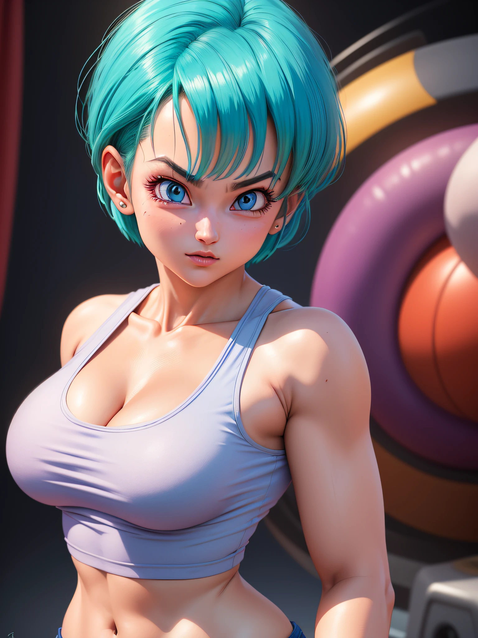 portrait closeup lone (buruma_brief_older Buruma_DBZ_Buu)1.4, (cleavage large_breasts, tanktop), standing, front view, (high detailed skin:1.2)(realistic pupils,realistic iris:1), 8k, aqua_hair