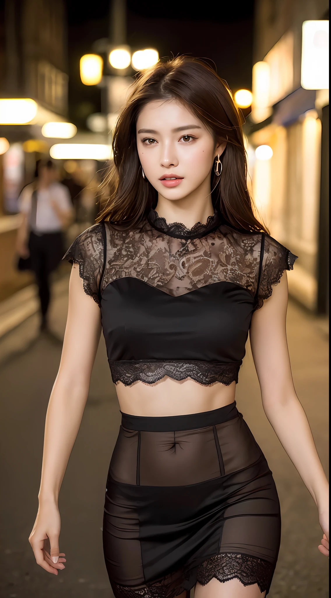 ((Realistic lighting, Best quality, 8K, Masterpiece: 1.3)), Focus: 1.2, 1girl, Perfect Body Beauty: 1.4, Slim Abs: 1.1, ((Dark Brown Hair)), (Lace Dress: 1.4), (Outdoor, Night: 1.1), City Street, Super Fine Face, Fine Eyes, Double Eyelids,