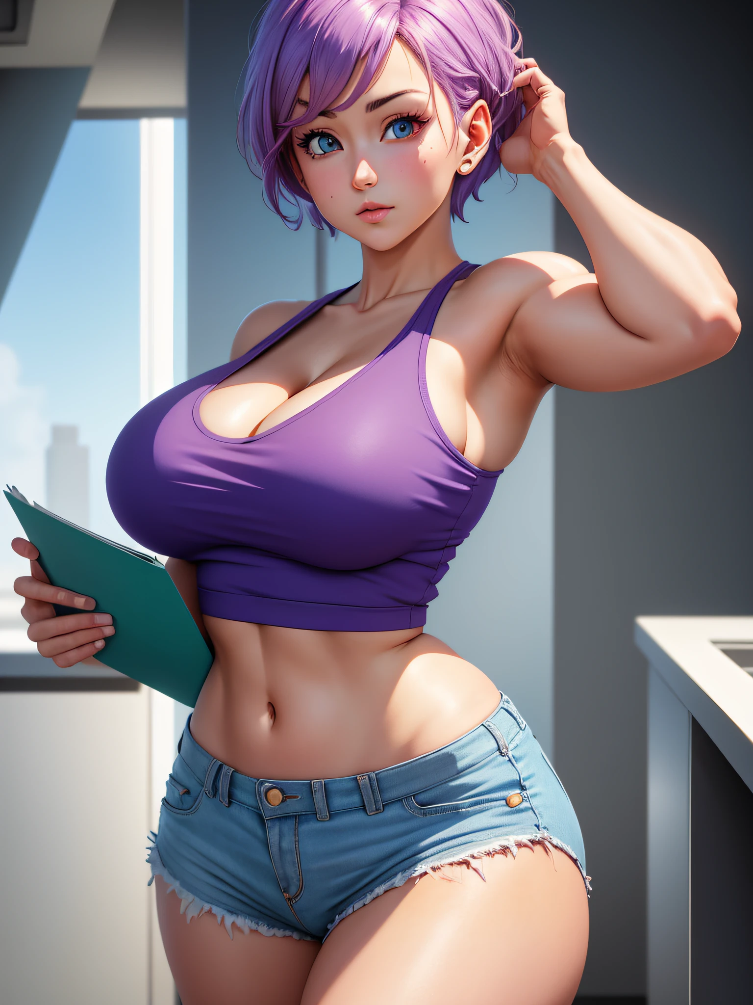 lone (buruma_brief_older Buruma_Super_start)1.4, (cleavage large_breasts, tanktop), standing, front view, (high detailed skin:1.2)(realistic pupils,realistic iris:1), 8k uhd