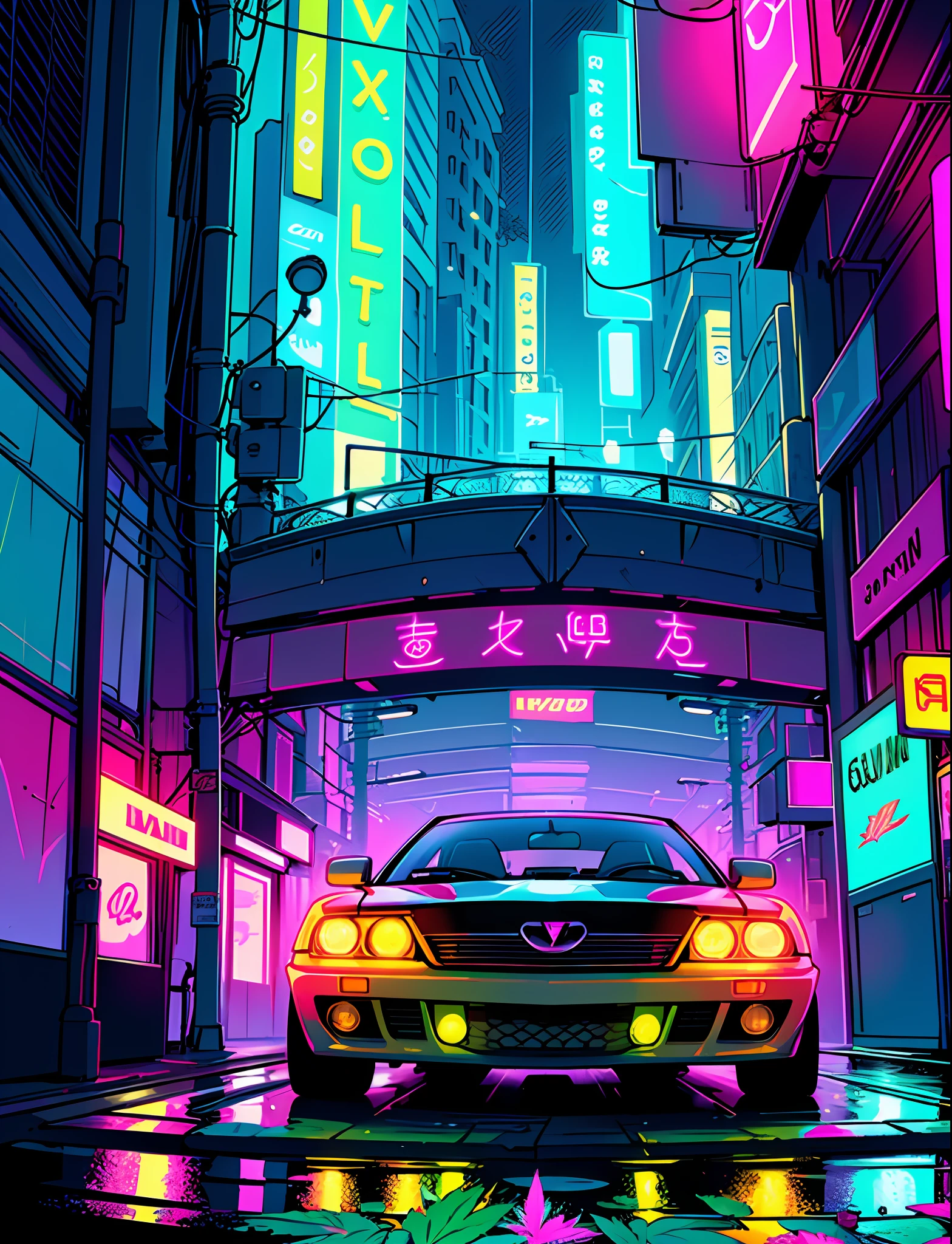 Cool chic car on a wet road. , neon lights, neon, retrowave, club,,,, in love Hemp, leaf, marijuana, cannabis, ((illustration)), colorful, wallpaper, energy, secret, magical environment, omniscience, prediction of the future, understanding the past, frost magic, --v 6