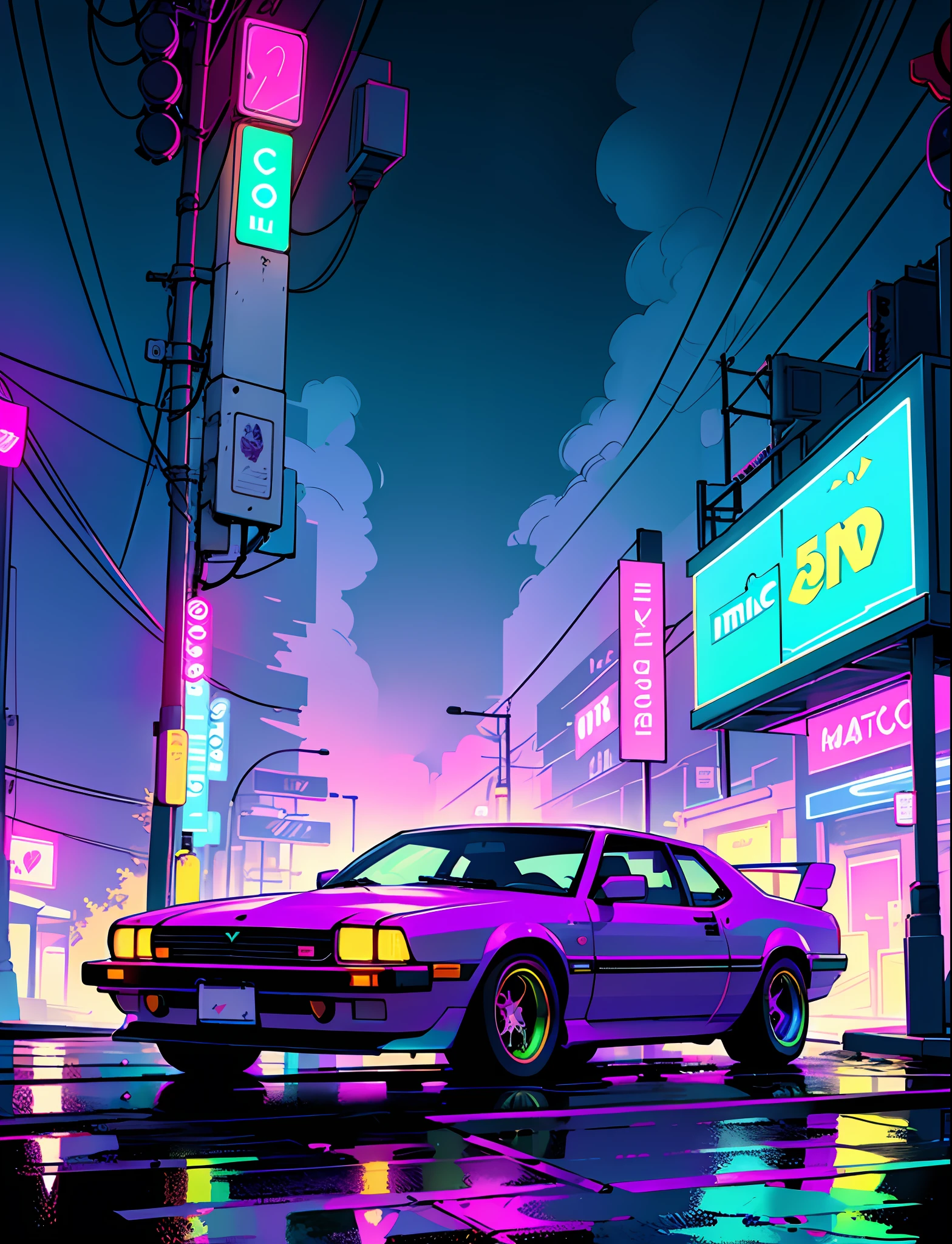 Cool chic car on a wet road. , neon lights, neon, retrowave, club,,,, in love Hemp, leaf, marijuana, cannabis, ((illustration)), colorful, wallpaper, energy, secret, magical environment, omniscience, prediction of the future, understanding the past, frost magic, --v 6