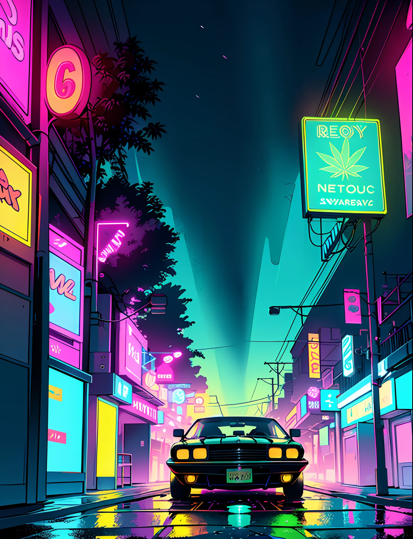 Cool chic car on a wet road. , neon lights, neon, retrowave, club,,,, in love Hemp, leaf, marijuana, cannabis, ((illustration)), colorful, wallpaper, energy, secret, magical environment, omniscience, prediction of the future, understanding the past, frost magic, --v 6