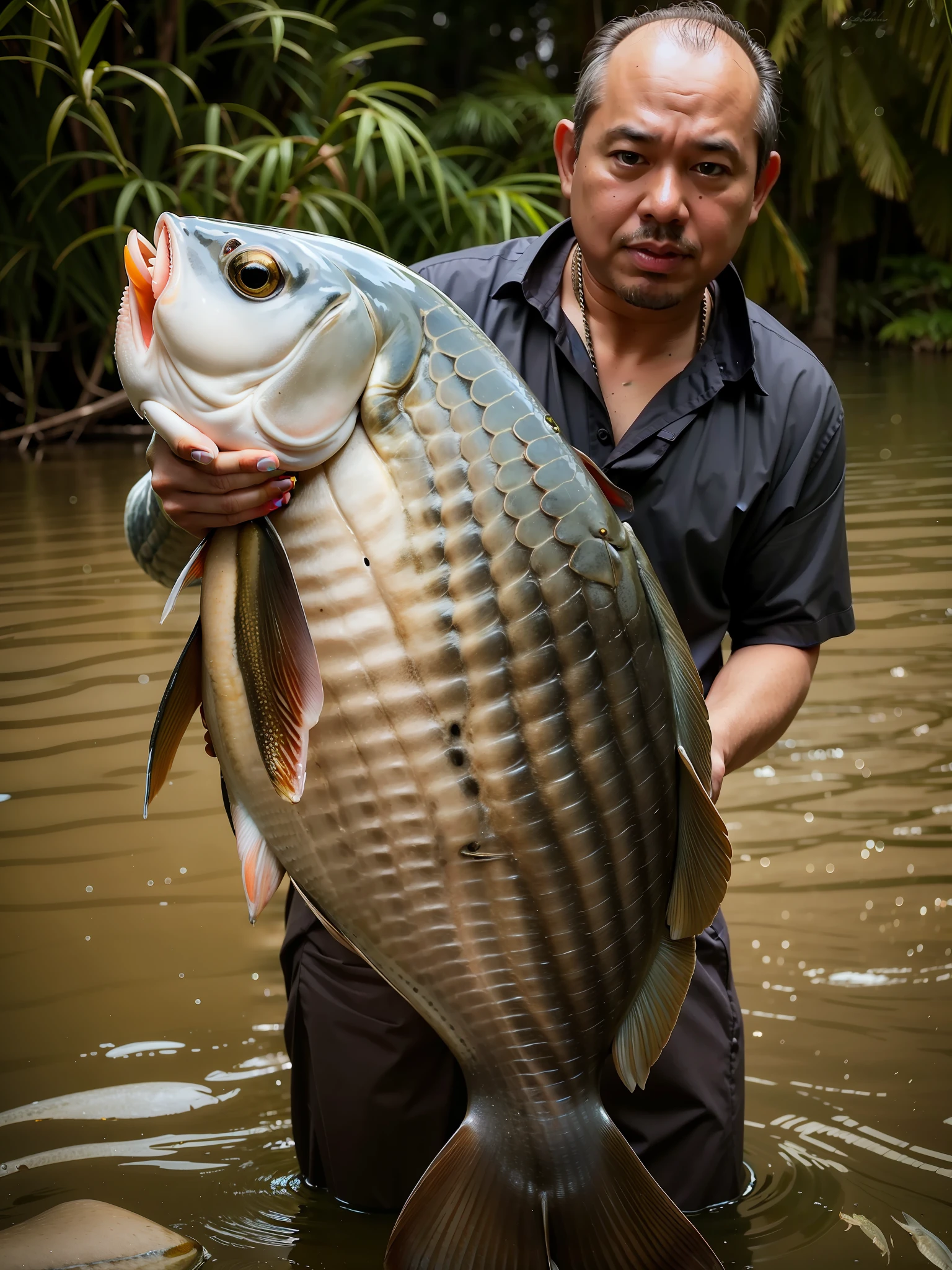 there is a man holding a large fish in the water, portrait of a big, very large scales, with a very large mouth, the photo shows a large, holding an fish in his hand, beautiful photo, very sharp!!!, huge gargantuan scale, by Basuki Abdullah, award - winning shot, award-winning shot, by Robert Brackman