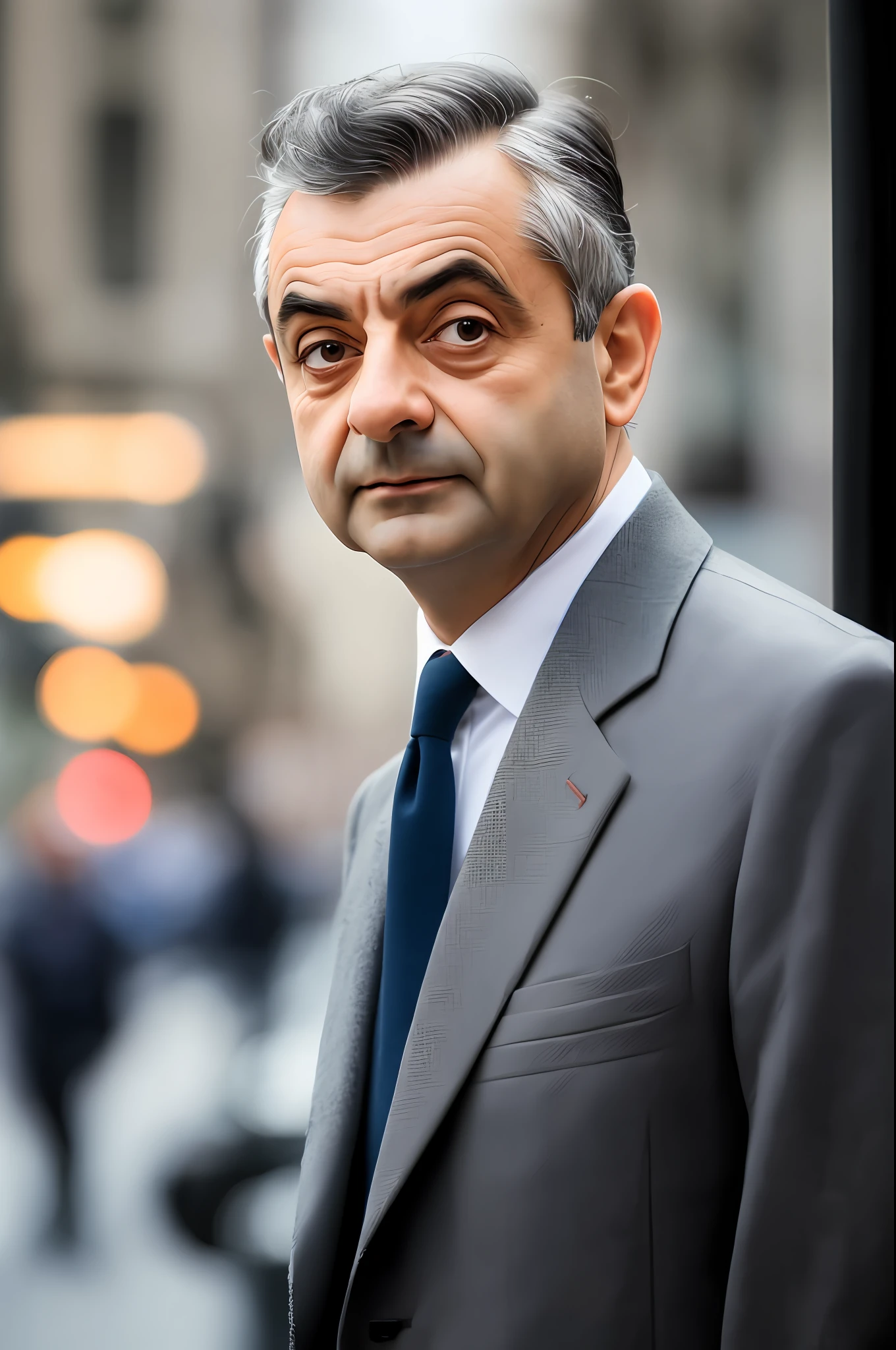 Masterpiece, Rowan Atkinson standing on the streets of London, with reference to the British TV comedy Mr. Bean, (Mr. Bean's costume and appearance: 1.3), (Mr. Bean's big nose: 1.2), (high detail: 1 1), rough face, natural skin, high quality, nsfw, beautiful eyes, (detailed face and eyes), (face: 1 2), noise, extra, real photo, PSD, lamp film photography, clear focus, contrast lighting, detailed skin, high resolution 8k, Crazy detail, realistic, professional photography, 8k UHD, DSLR, soft light, high quality, film grain, Fujifilm XT3