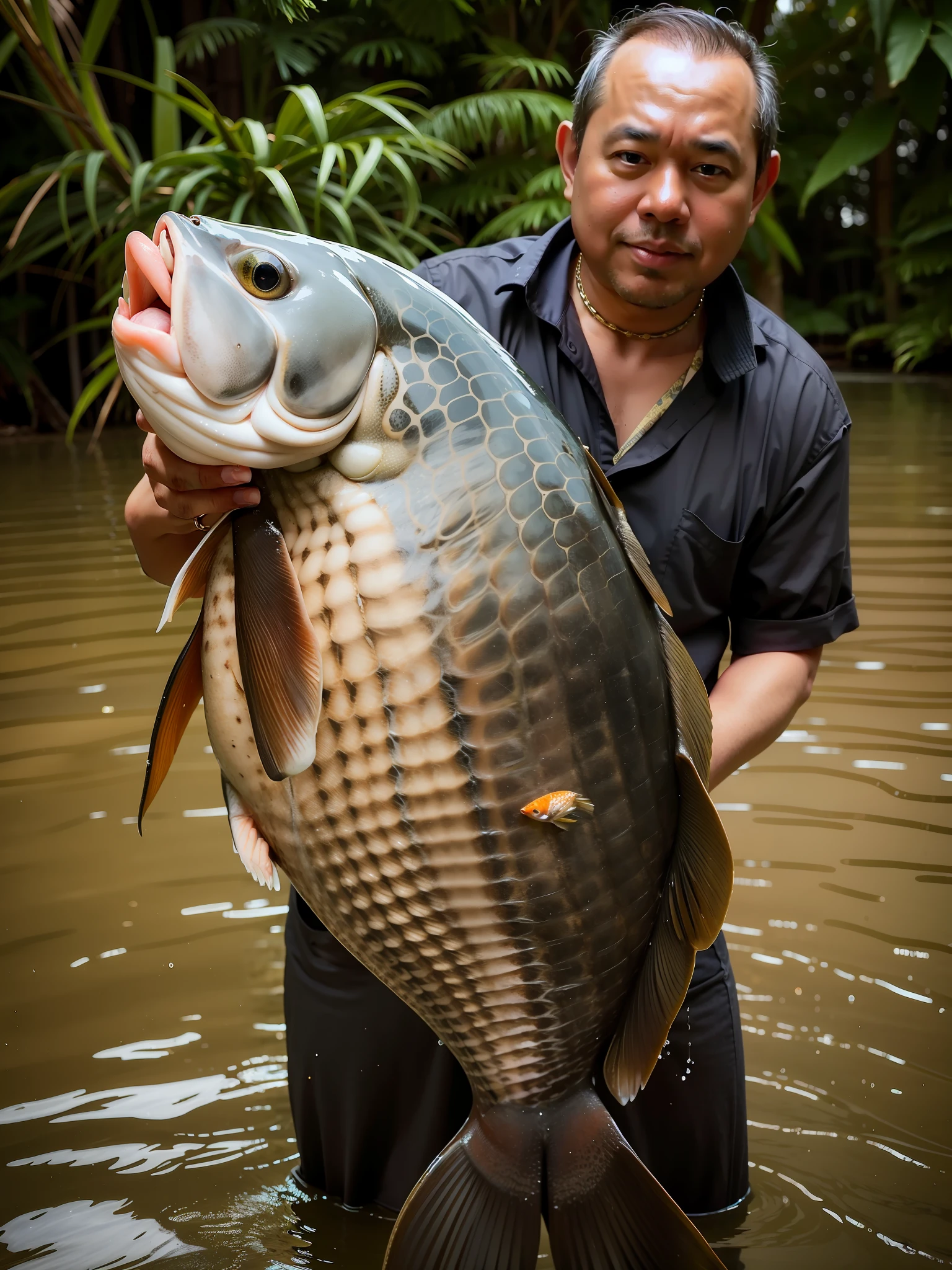 there is a man holding a large fish in the water, portrait of a big, very large scales, with a very large mouth, the photo shows a large, holding an fish in his hand, beautiful photo, very sharp!!!, huge gargantuan scale, by Basuki Abdullah, award - winning shot, award-winning shot, by Robert Brackman