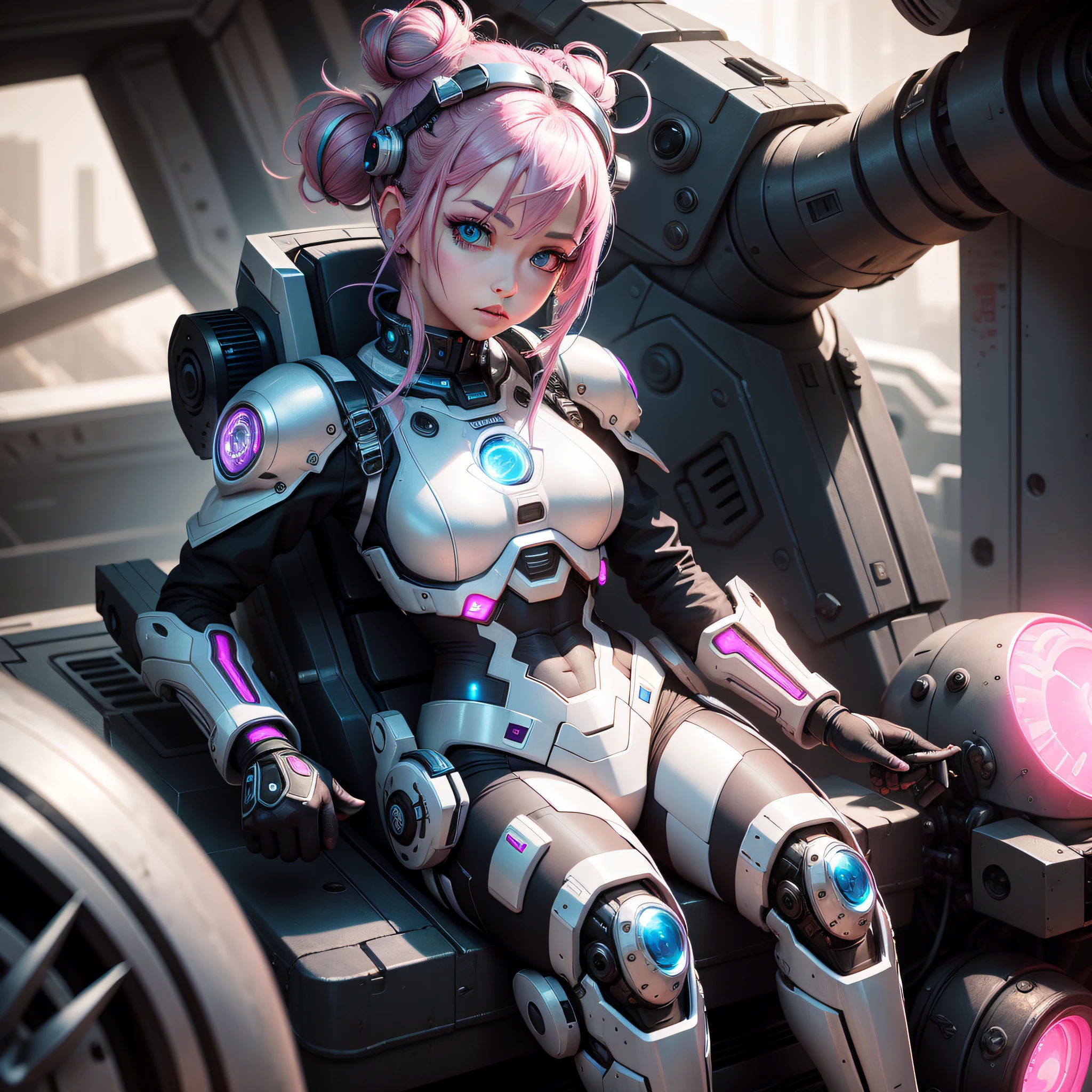 Mechagirl,masterpiece,bestquality,1girl,restinginflowerfield,pinkhairmediumhairtopknot,glowingeyes,