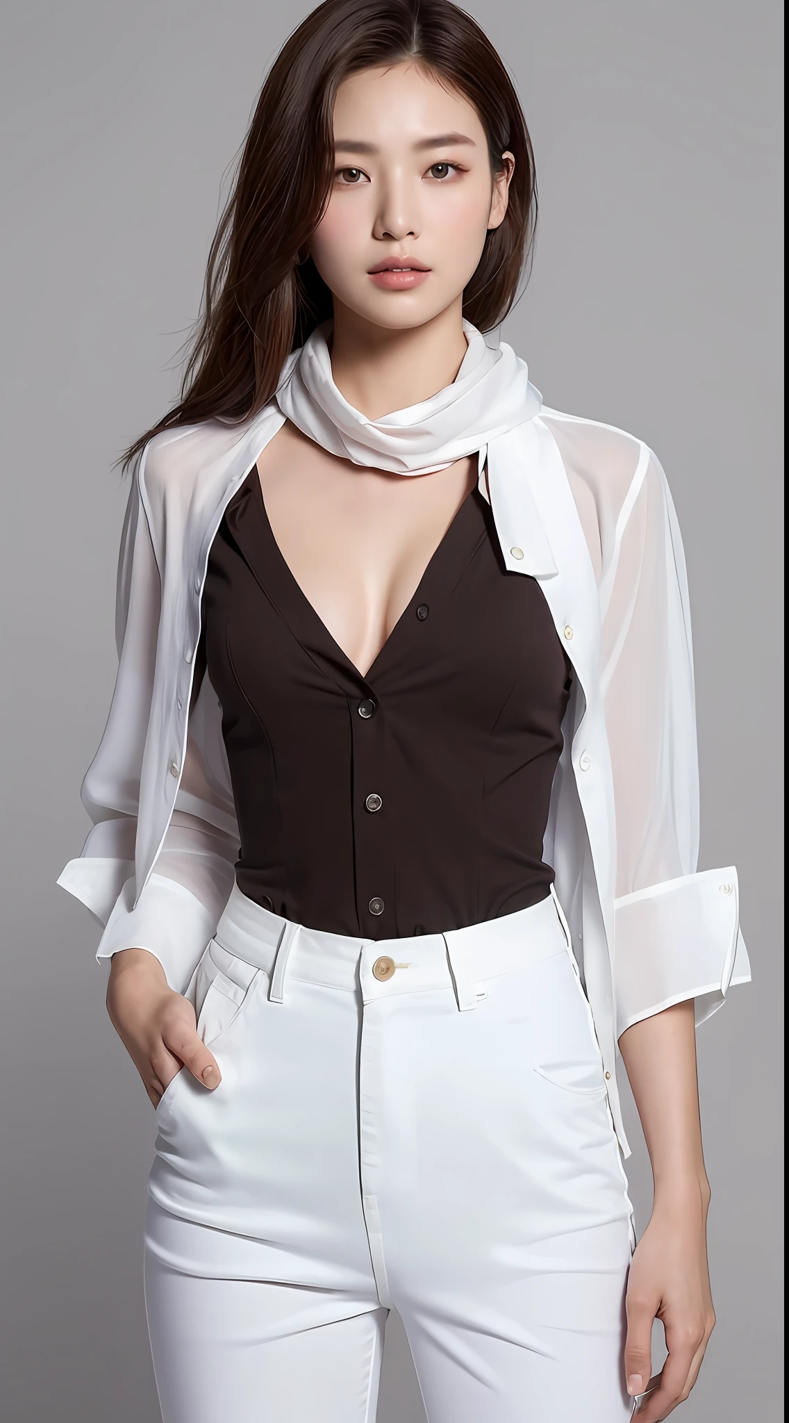 ((Best quality, 8k, Masterpiece :1.3)), Sharp focus :1.2, A pretty woman with perfect figure :1.4, Slender abs :1.2, ((Dark brown hair,breasts :1.2)), (blacki long formal shirt)(buttoning up his shirt.), grey background:1.2, Highly detailed face and skin texture, Detailed eyes, Double eyelid,fashion model posing,cowboy shot,white pants,,(wears a white scarf around his neck.)